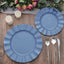 10-Pack Plastic 9" Round Dinner Plates in Ocean Blue Ruffled Rim with Gold Edging - Sturdy Disposable Dinnerware