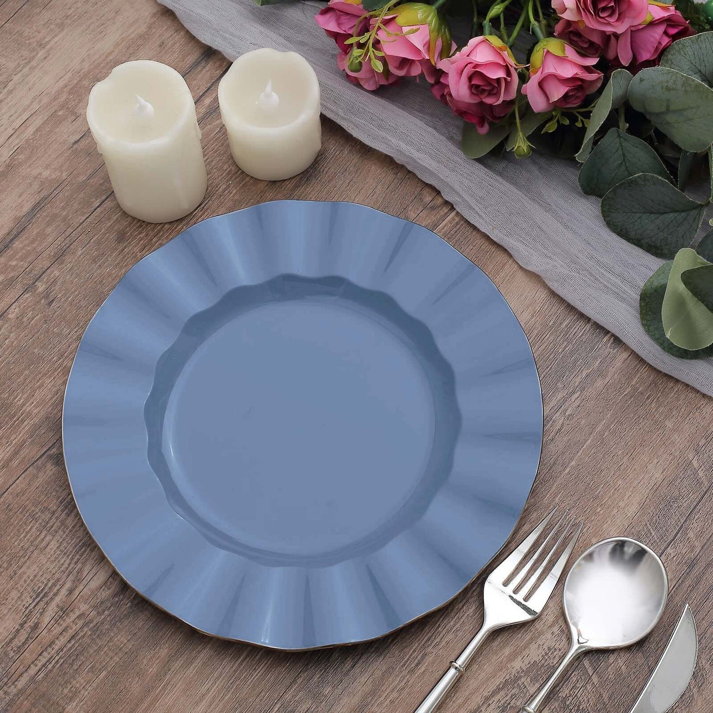 10-Pack Plastic 9" Round Dinner Plates in Ocean Blue Ruffled Rim with Gold Edging - Sturdy Disposable Dinnerware