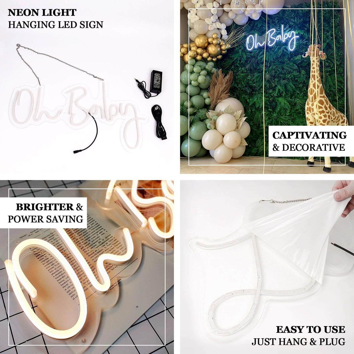 26" Oh Baby Neon Light Sign, LED Reusable Wall DÃ©cor Lights With 5ft Hanging Chain