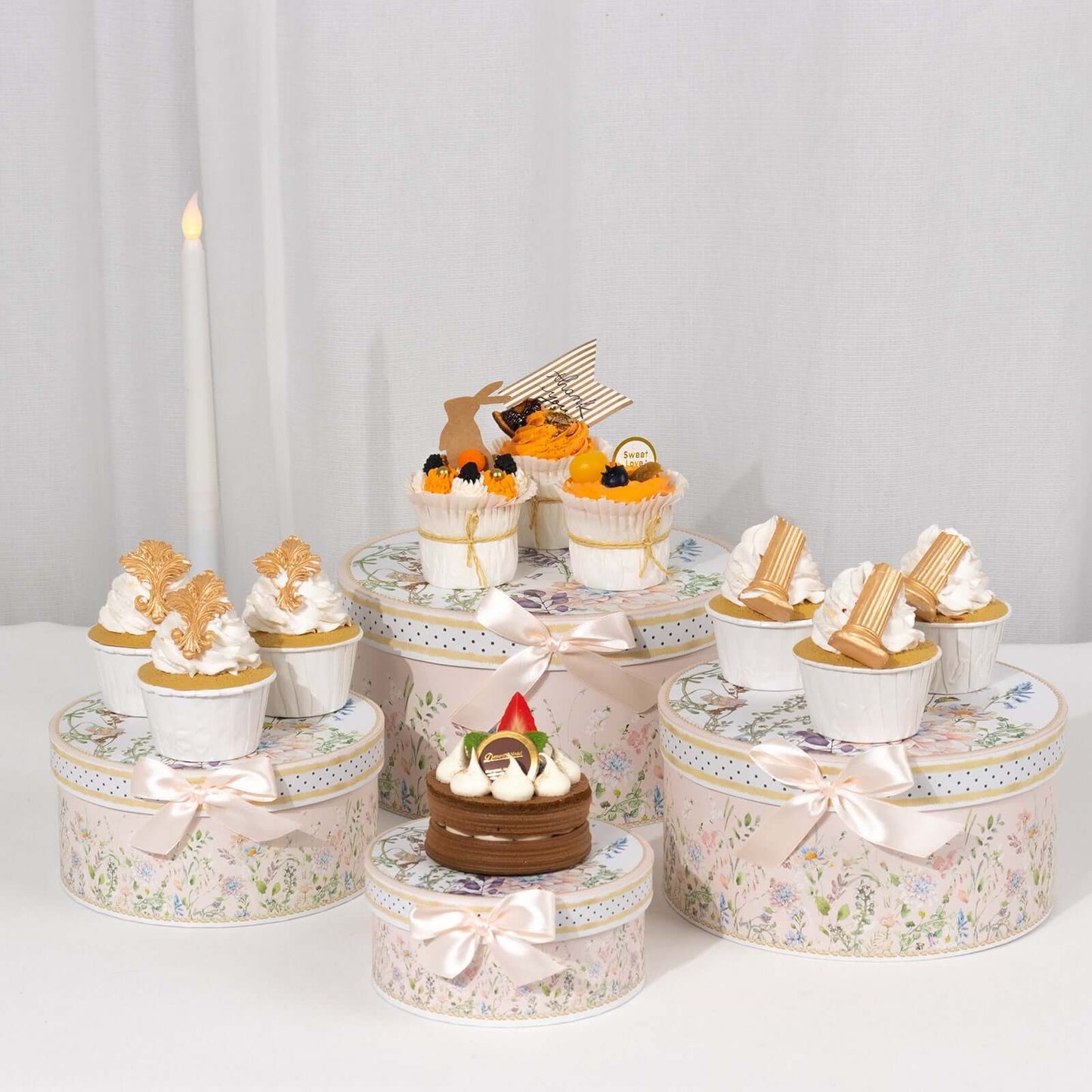 Set of 4 Cardstock Round Nesting Gift Boxes Blush Floral Design - Decorative Heavy Duty Stackable Keepsake Boxes With Lids for Presents Storage & Pedestal Stand 5",7",8",9"