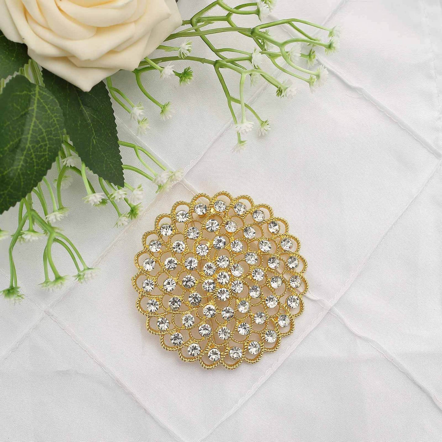 Rhinestone Metal Flower Chair Sash Band Buckle Gold - Glittering Diamond Accent for Weddings & Celebrations 3"