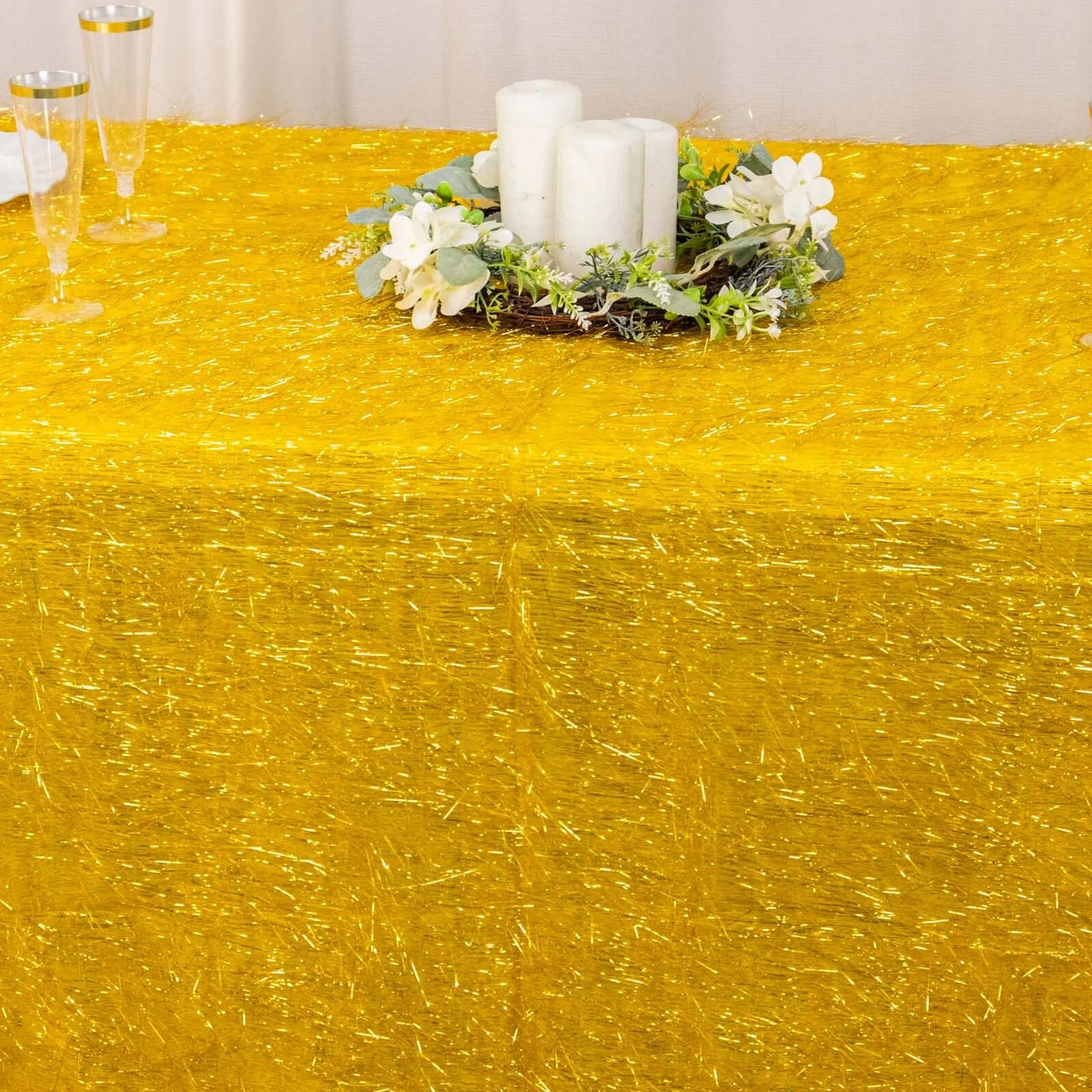 Polyester 90"x156" Rectangle Tablecloth Gold Metallic Fringe Shag Tinsel Design Table Cover for Events Decor