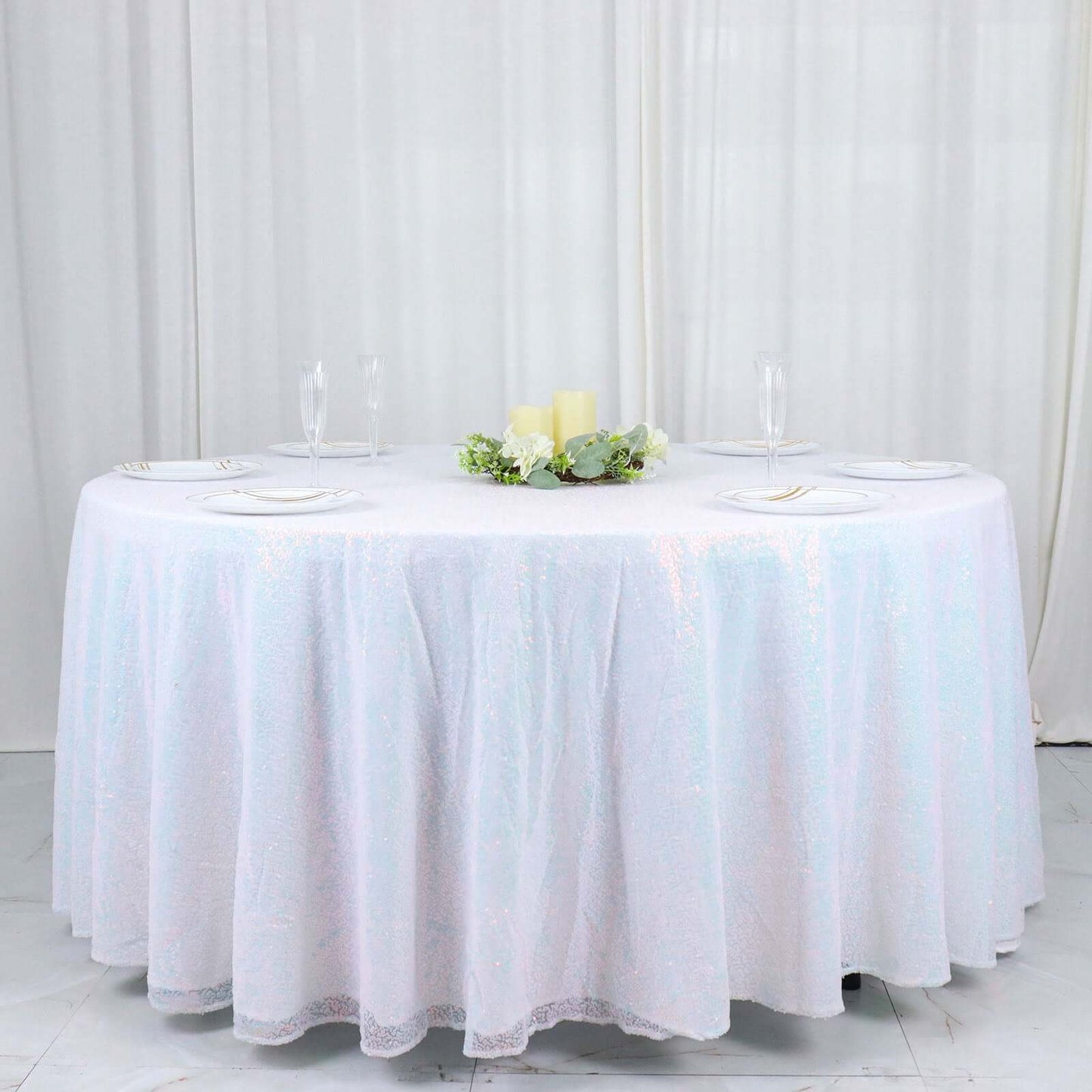 Sequin 120" Round Tablecloth Iridescent Blue - Seamless Glittering Table Cover
