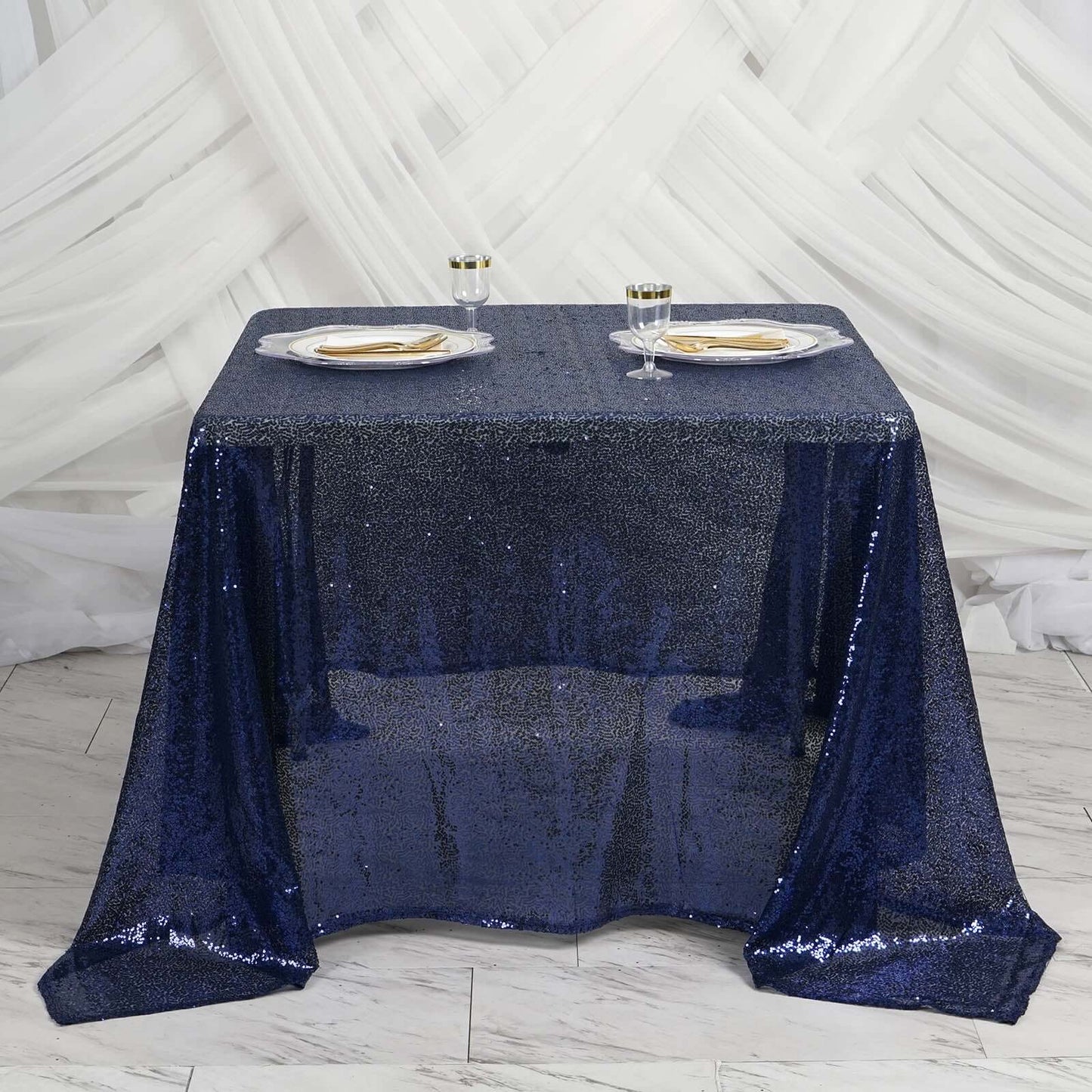 Sequin 90"x90" Table Overlay Square Tablecloth Navy Blue - Sparkly Table Cover