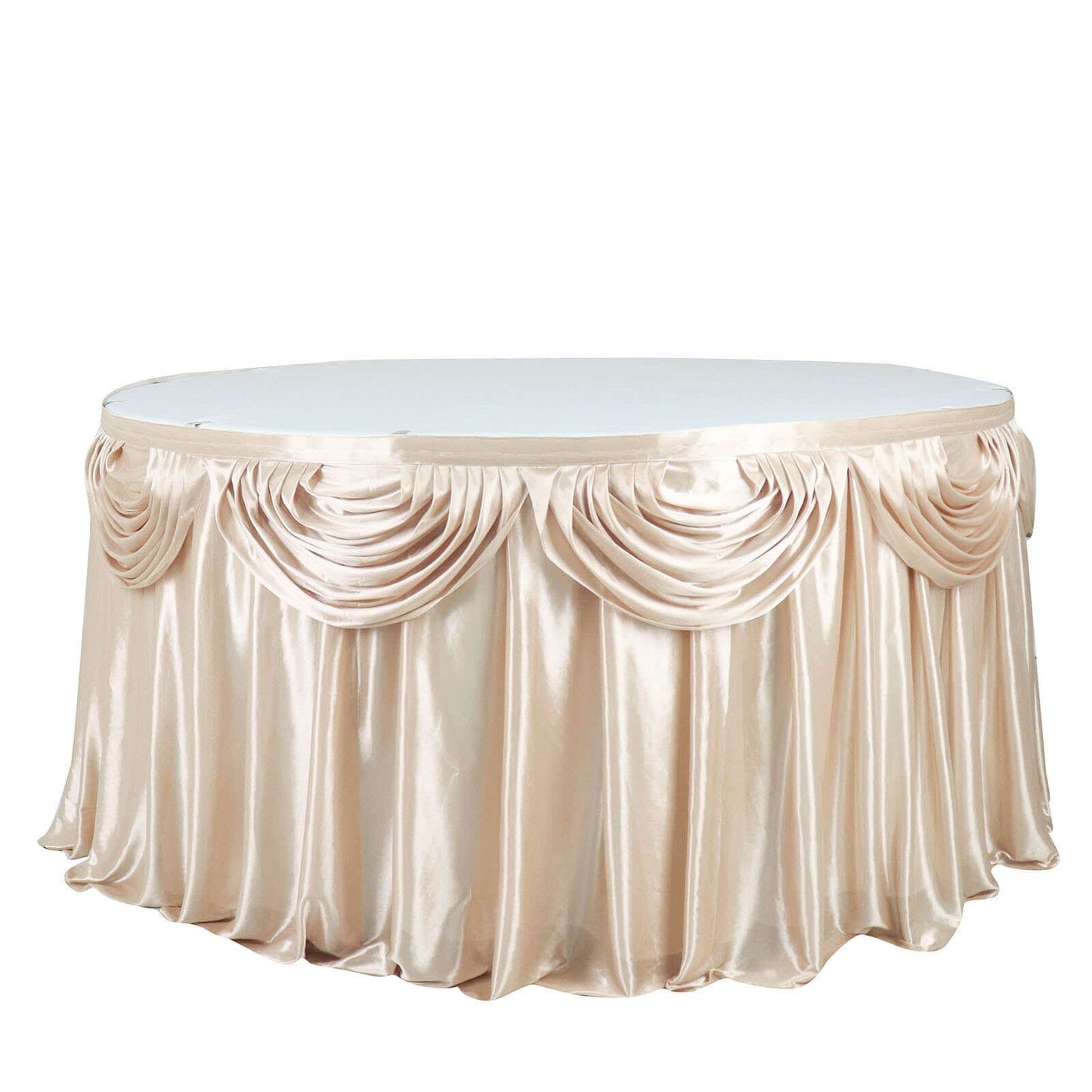 Satin 14ft Table Skirt Beige - Pleated Double Drape Table Cover