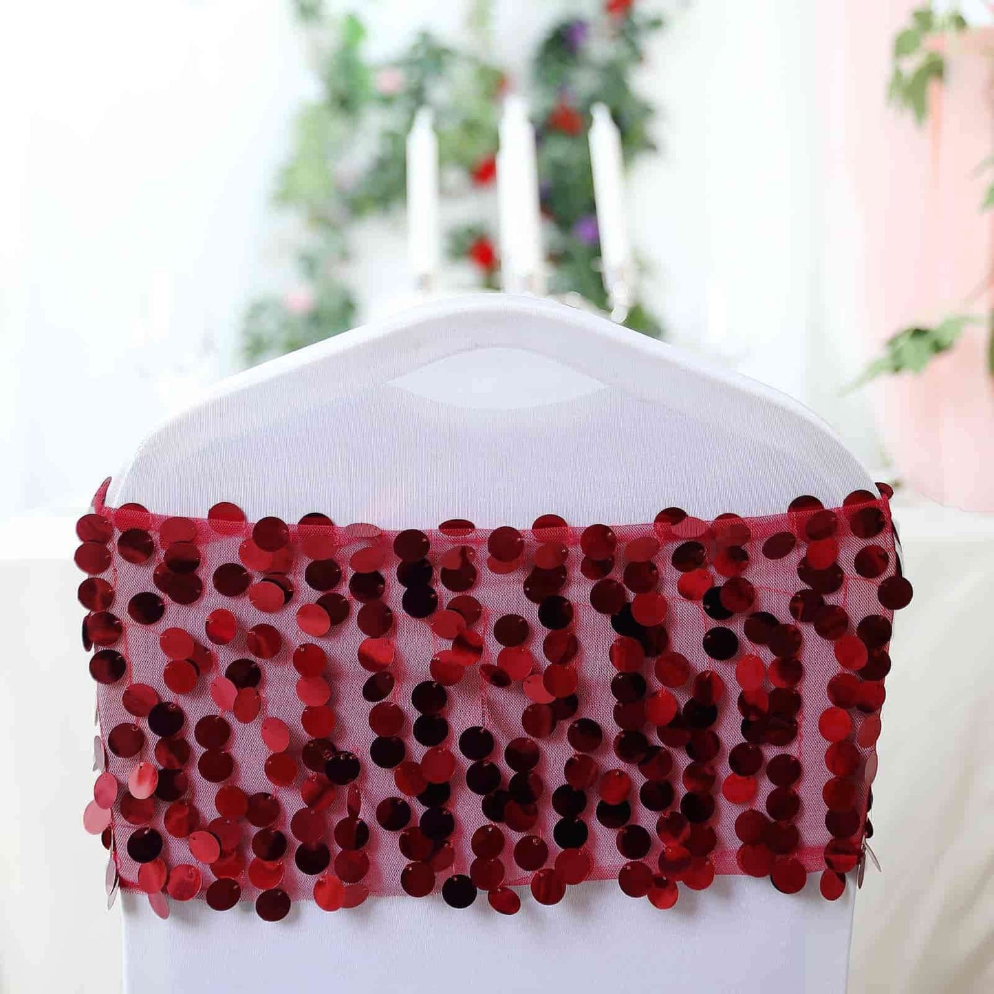 5 Pack Big Payette Sequin 13"x10" Chair Sash Bands Burgundy - Stylish Glittering Decor for Weddings & Gatherings