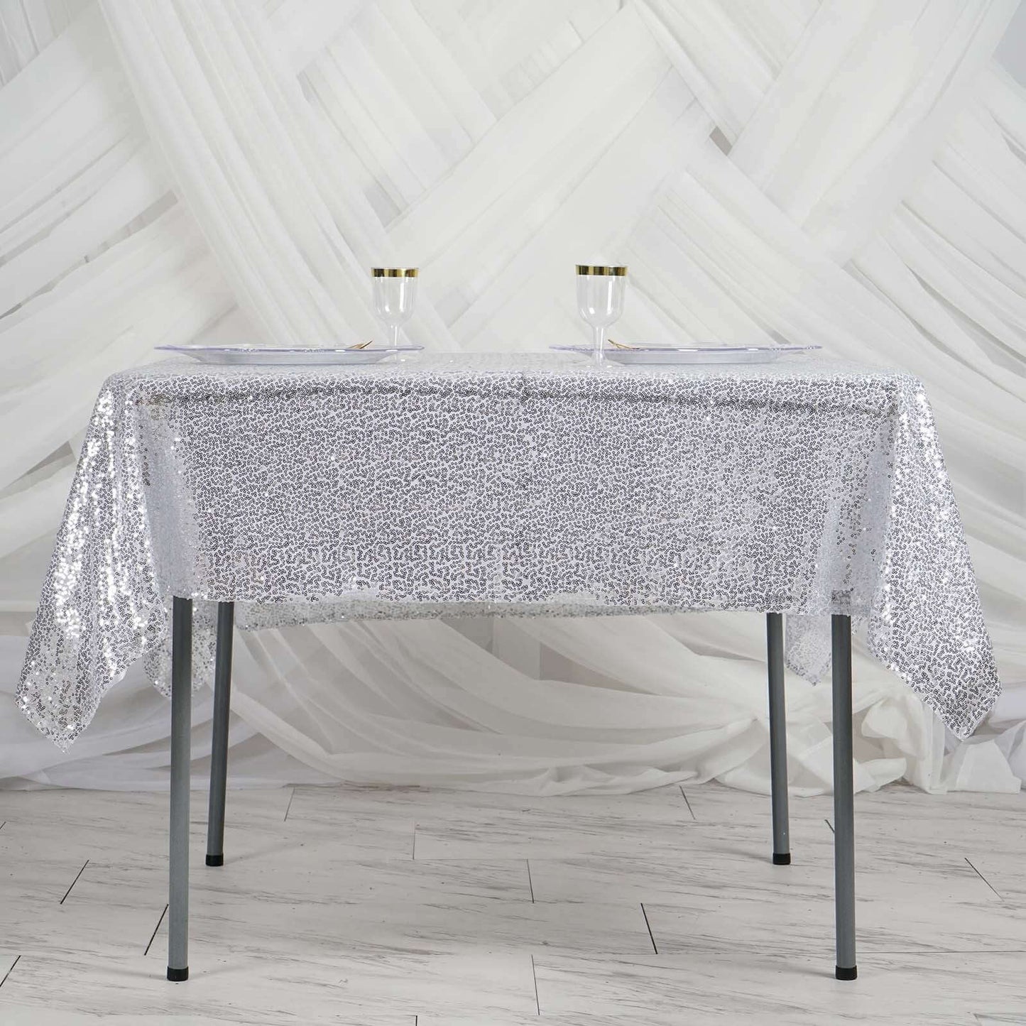 Sequin 60"x60" Table Overlay Square Tablecloth Silver - Luxe Wedding Table Topper