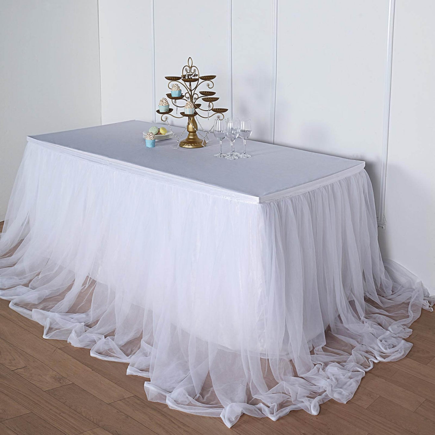 Extra Long Tulle 14ft Table Skirt White with Satin Edge - Table Cover for Baby Showers & Events