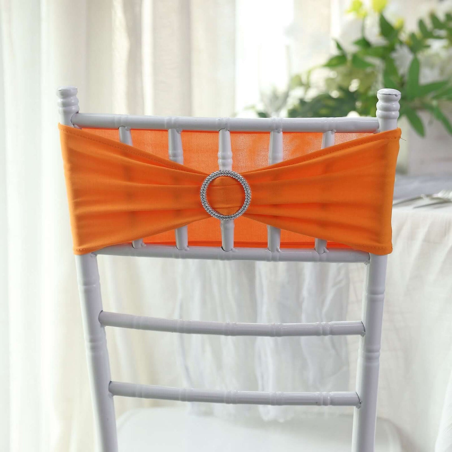 5 Pack Stretch Spandex Chair Sashes Orange - Reusable Chair Bands with Silver Diamond Ring Slide Buckle 5"x14"