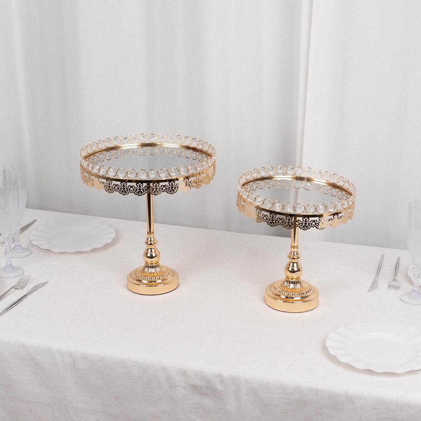 Set of 2 Pedestal Cake Stands Round Design with Mirror Top Gold - Crystal Beaded Cupcake Dessert Display Metal 11", 13"