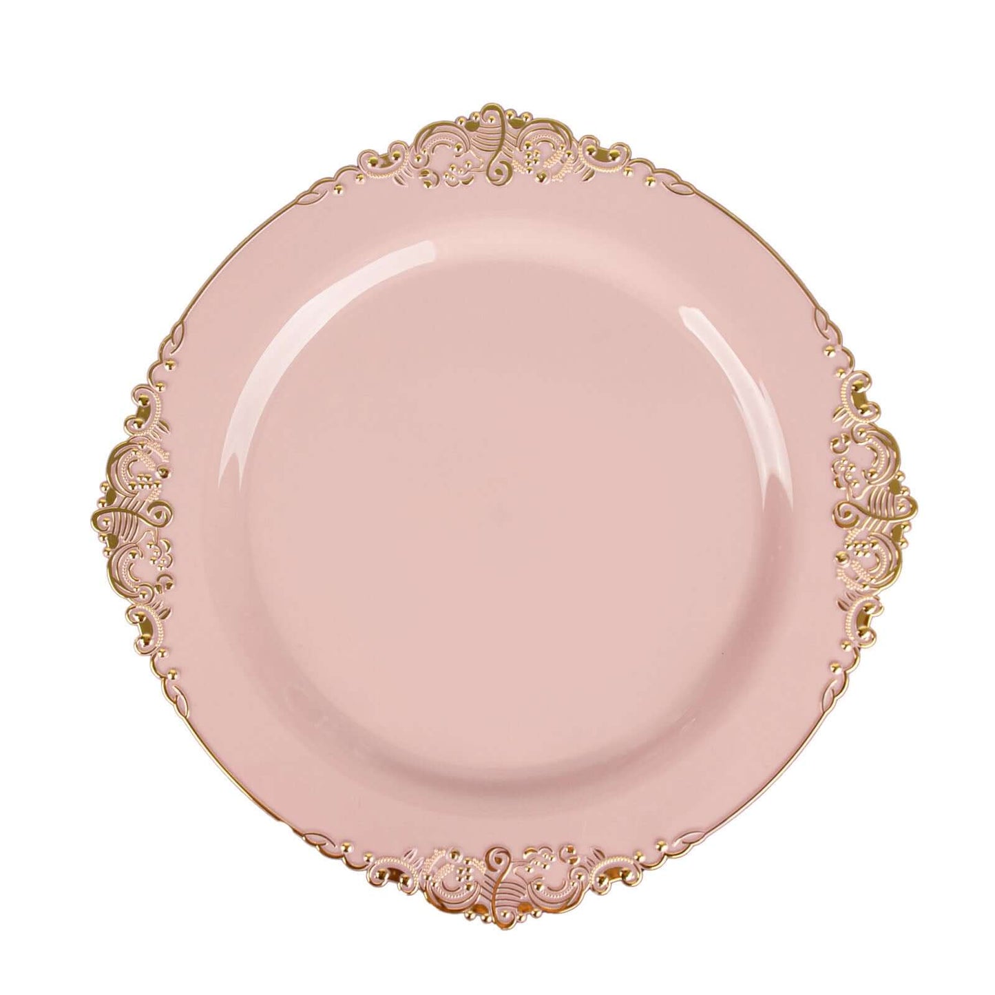 10-Pack Plastic 8" Round Dessert Plates in Blush with Gold Leaf Embossed Rim - Disposable Vintage Baroque Style Salad Plates