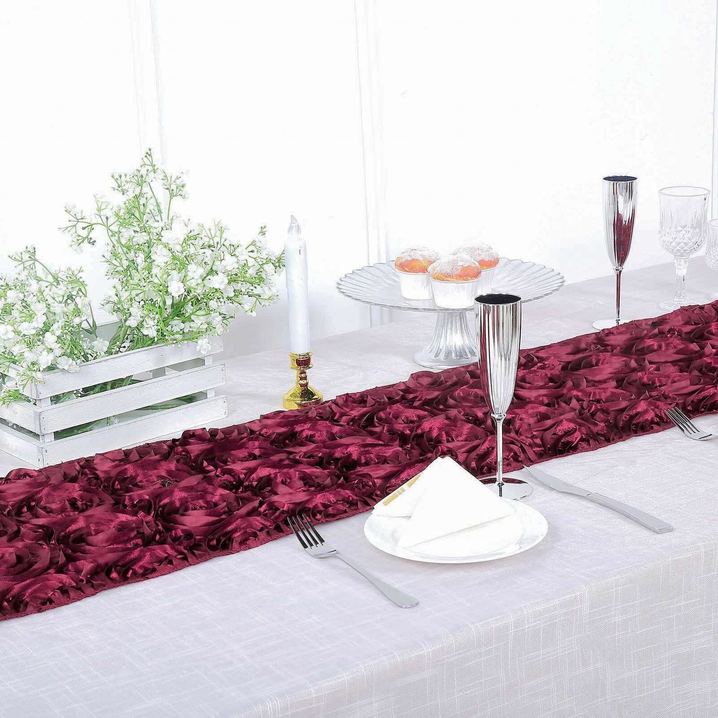 Rosette Satin 14"x108" Table Runner Burgundy - Grandiose Design
