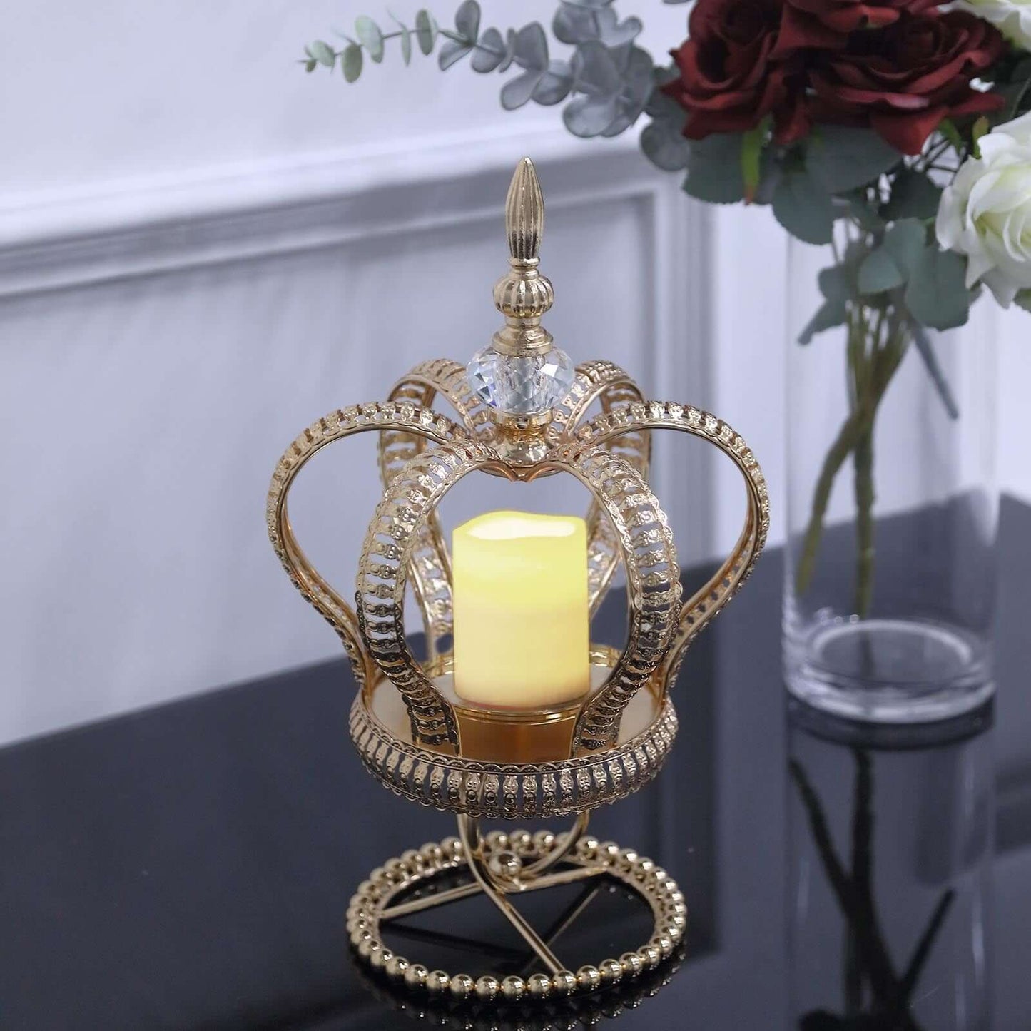 Metal Crown Spiral Pillar Candle Holder Stand Gold - Jeweled Votive Candle Centerpiece 13"