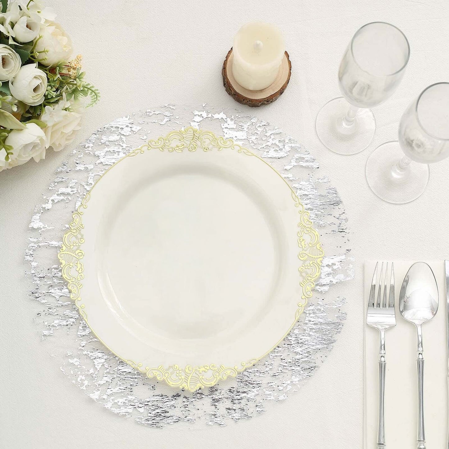 50-Pack Table Placemats Foil Design Metallic Silver Round - Mesh Disposable Shiny Dining Mats 13"