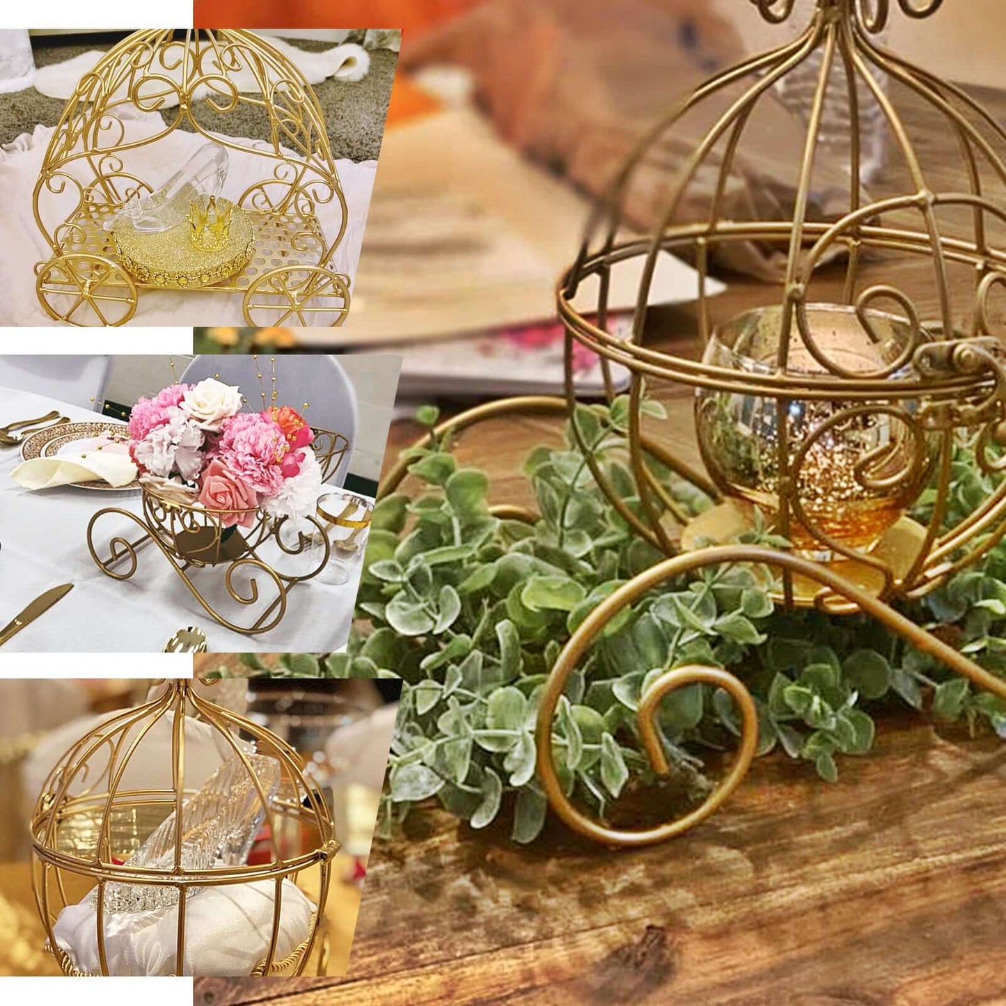 Candle Holder Gold Wrought Iron Cinderella Carriage Card Display - Wedding Table Accent 11"