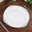 10-Pack Plastic 10" Round Dinner Plates in White with Silver Leaf Embossed Rim - Disposable Vintage Baroque Style Plates