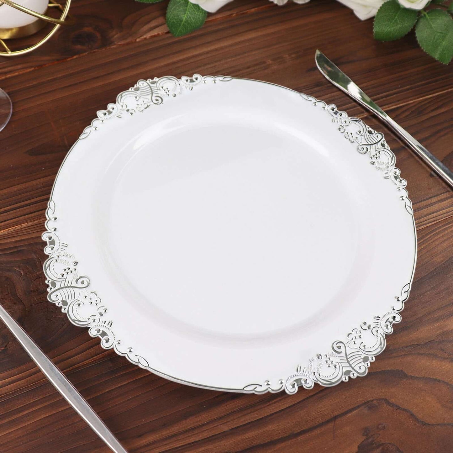 10-Pack Plastic 10" Round Dinner Plates in White with Silver Leaf Embossed Rim - Disposable Vintage Baroque Style Plates