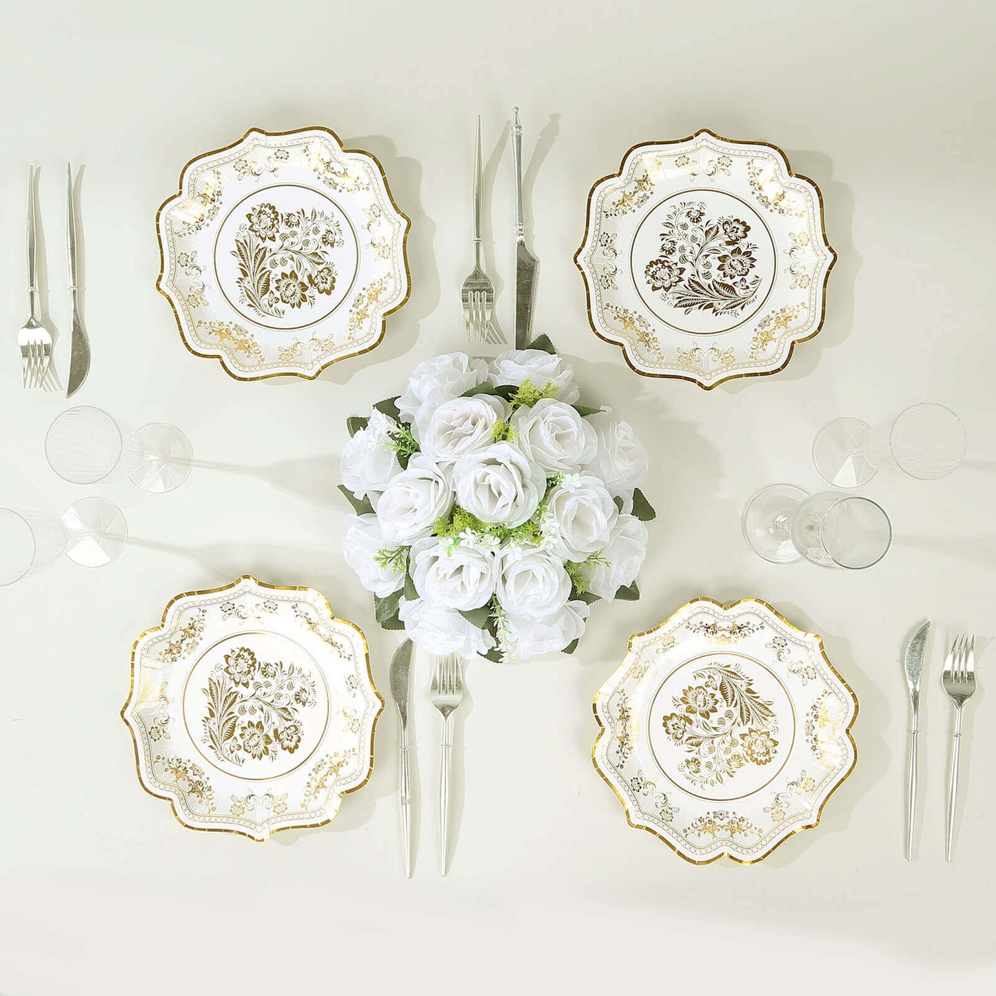 25-Pack Paper Dessert Plates in White with Gold Damask Floral Print & Scallop Rim - Stylish Disposable 300GSM Floral Salad Appetizer Plates for Weddings & Events 8"