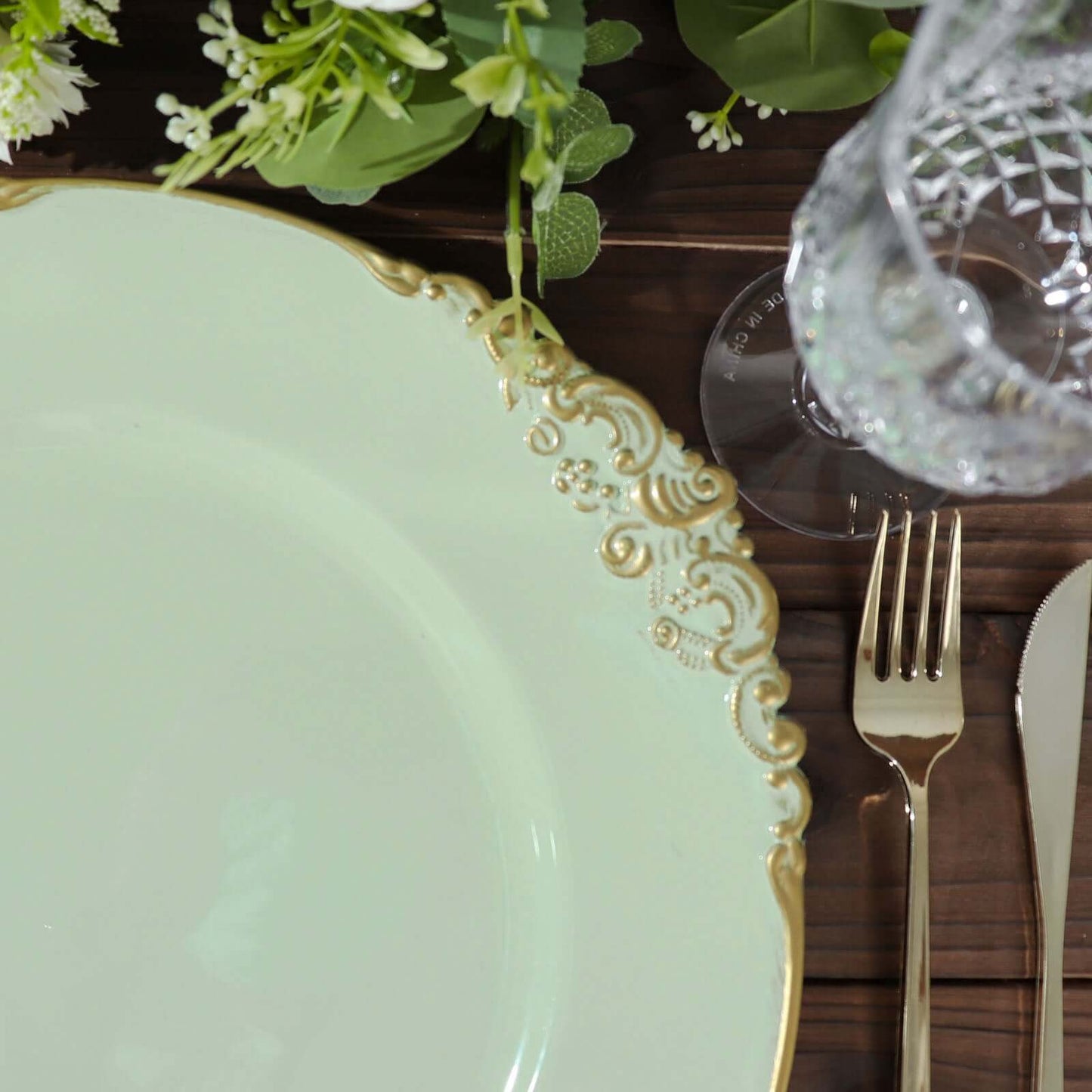 6-Pack Acrylic Round Charger Plates 13" in Sage Green with Gold Embossed Baroque Rim, Antique Decorative Dinner Party Charger Tableware