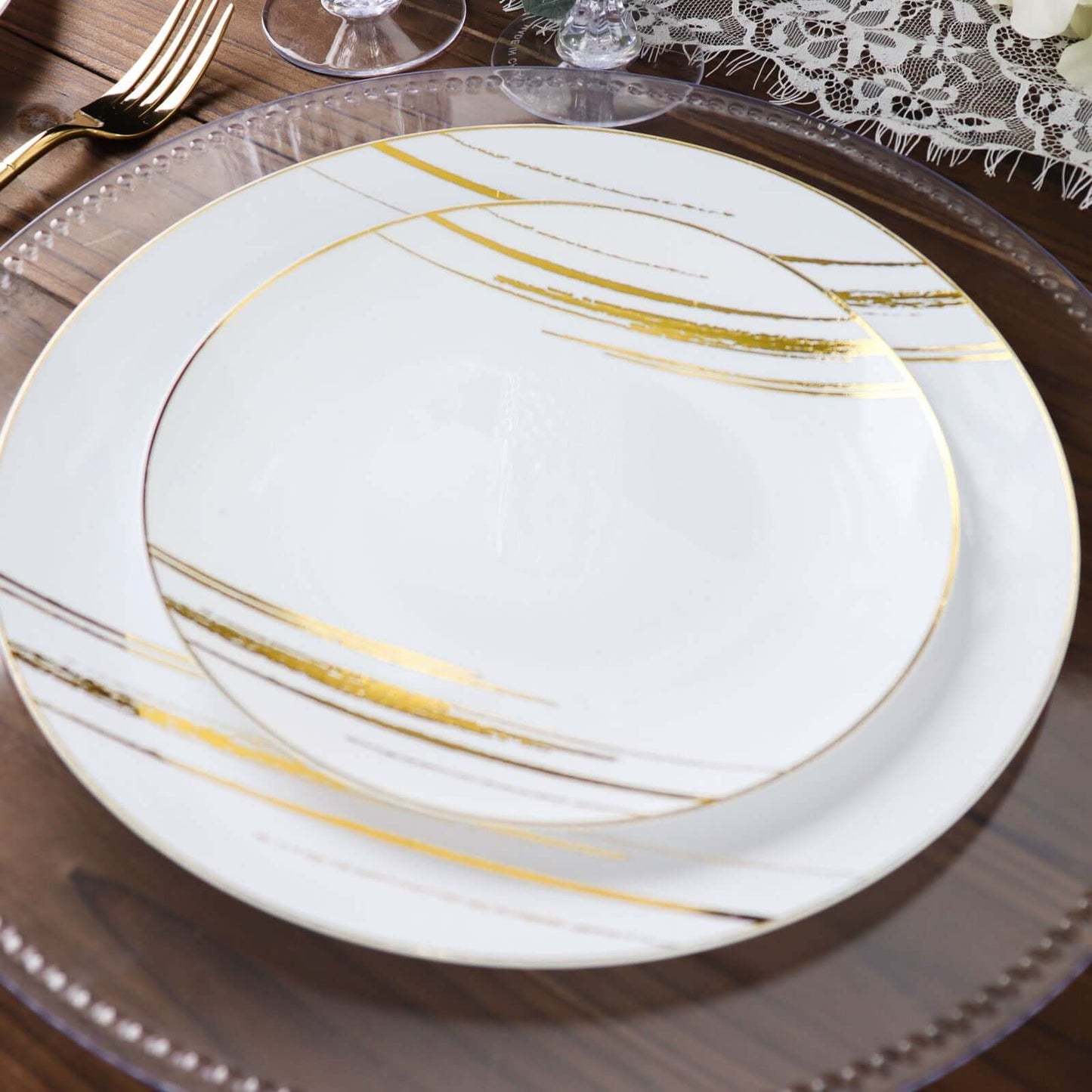 10-Pack Plastic 10" Round Dinner Plates in White with Gold Brush Stroked Print - Disposable Party Dinnerware for Modern Themed Events & Banquets