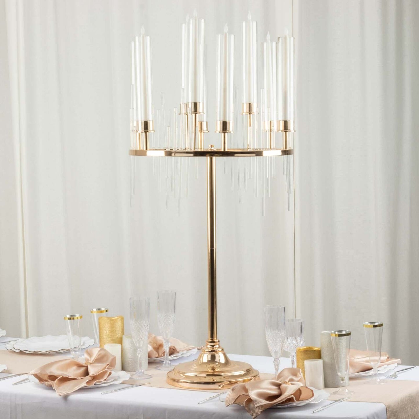 Metal 9-Arm Round Cluster Taper Candelabra Table Centerpiece Gold - Candlestick Holder Table Centerpiece With Drip Accents and Clear Glass Shades 40"