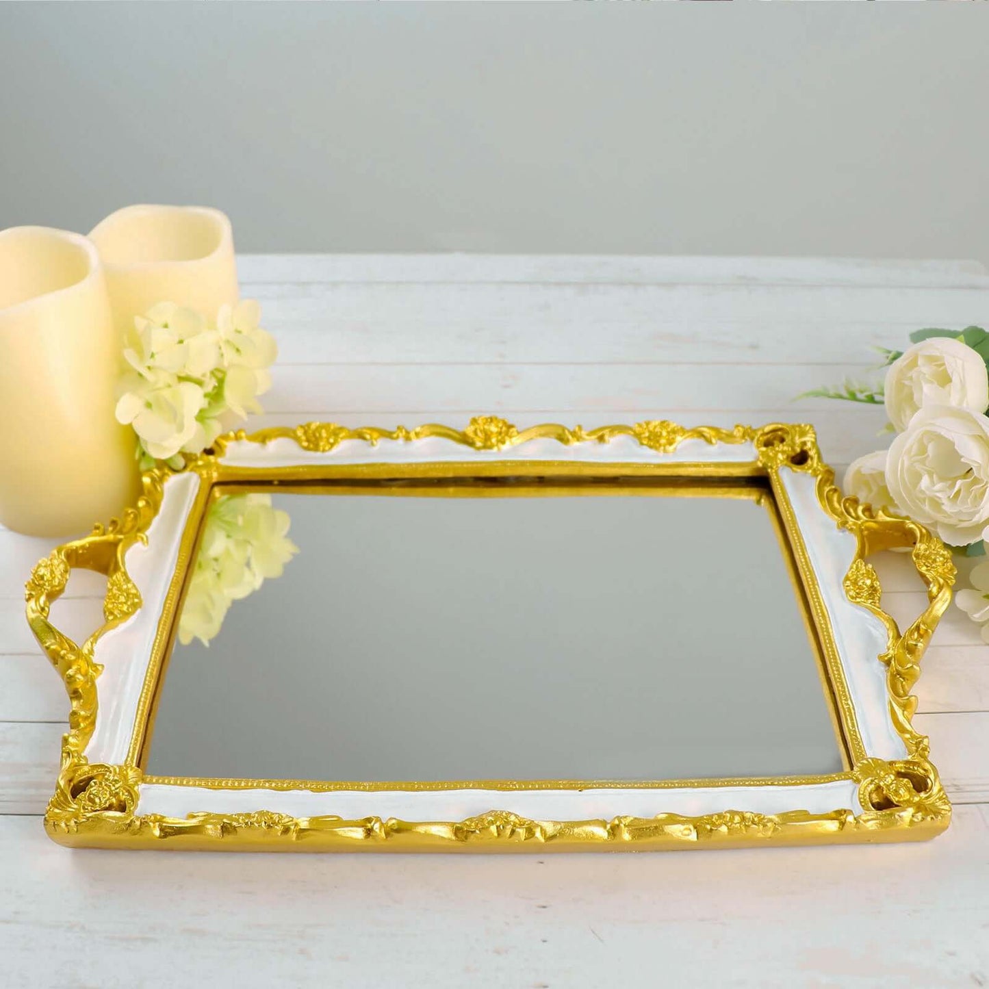 Resin Mirrored Rectangle Serving Tray 15"x10" in White with Gold Baroque Design, Stylish Decorative Vanity Tray Centerpiece