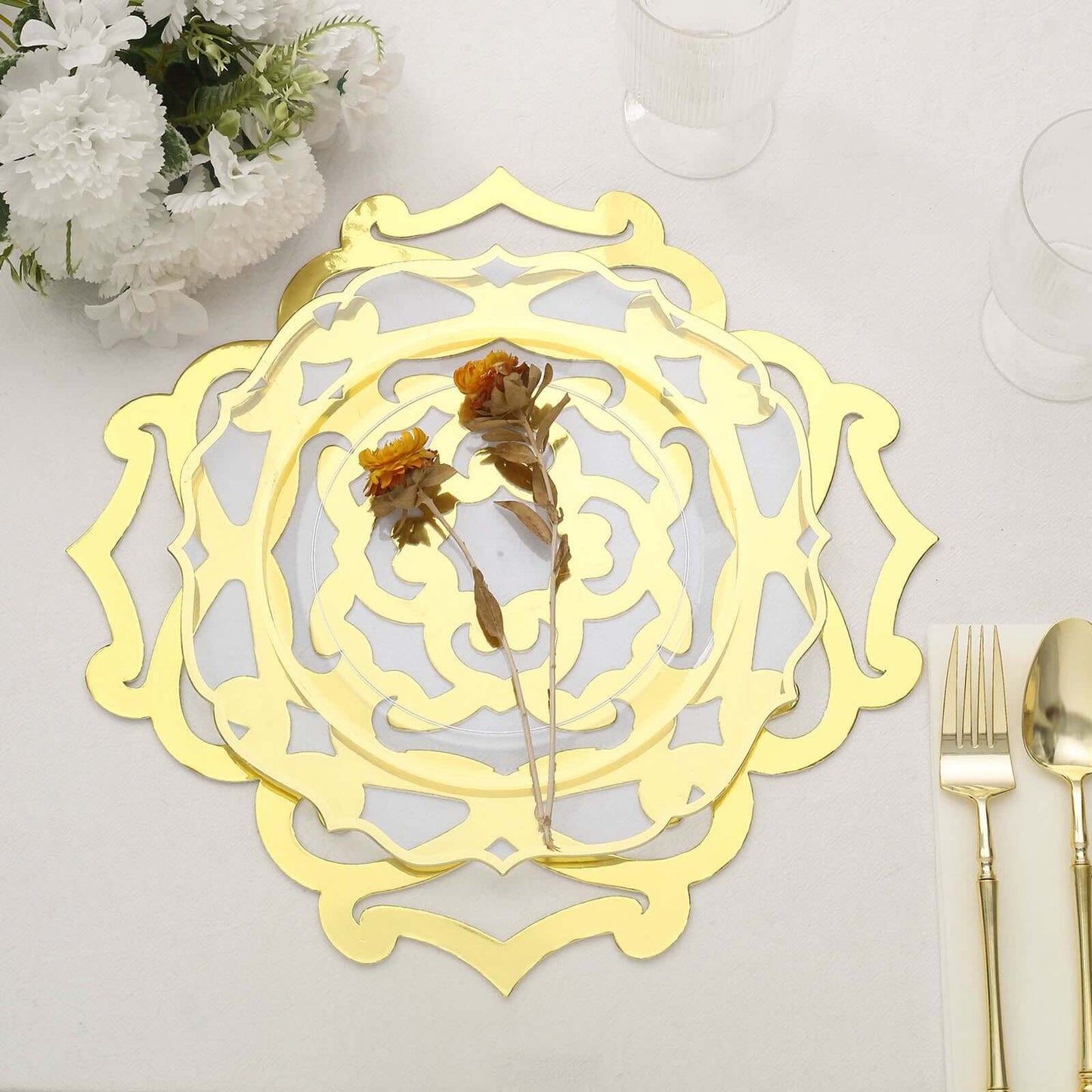 6-Pack Disposable Table Placemats in Metallic Gold Laser Cut Flower Design - 700GSM Cardboard Placemats for Glamorous Table Settings 13"