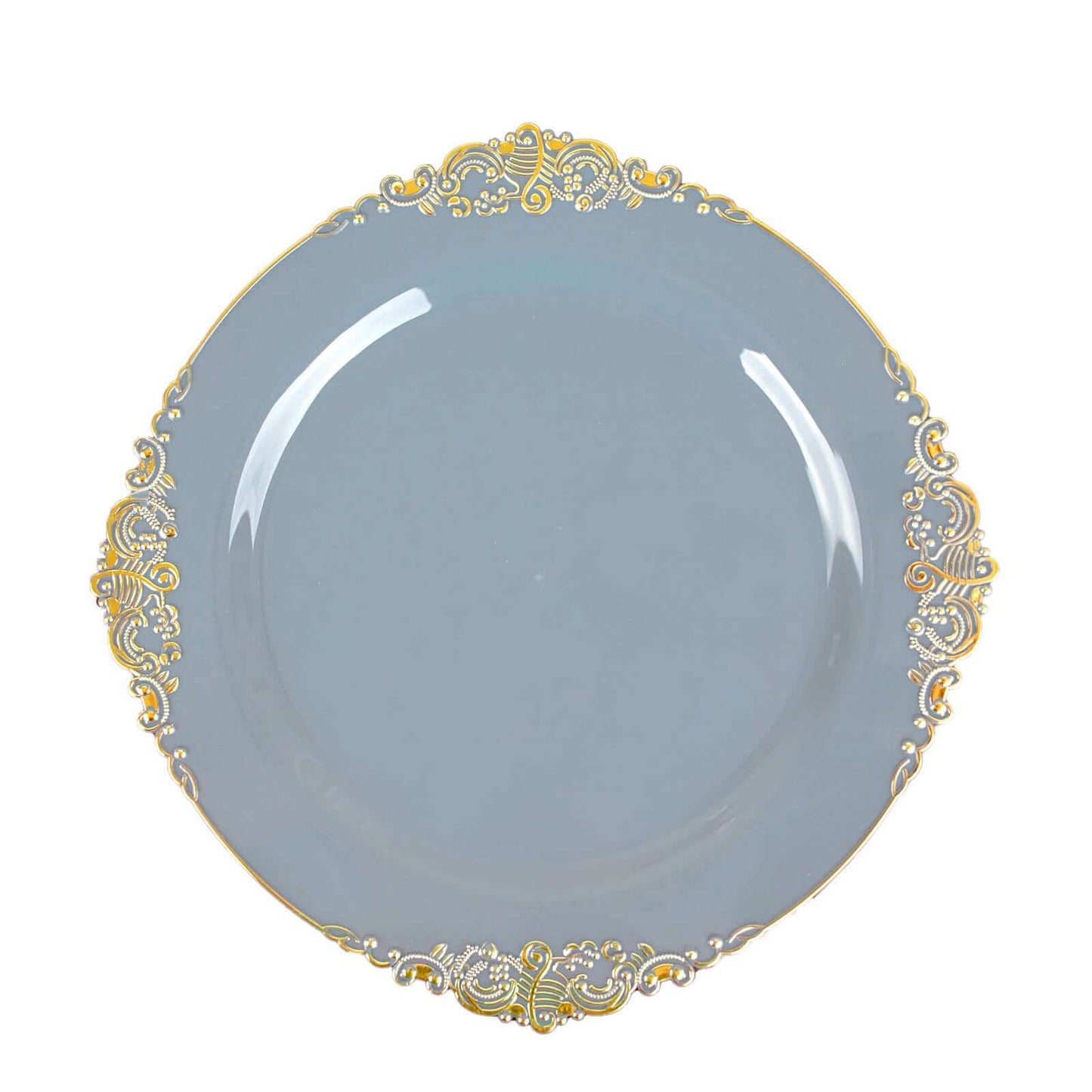 10-Pack Plastic 8" Round Dessert Plates in Dusty Blue with Gold Leaf Embossed Rim - Disposable Vintage Baroque Style Salad Plates