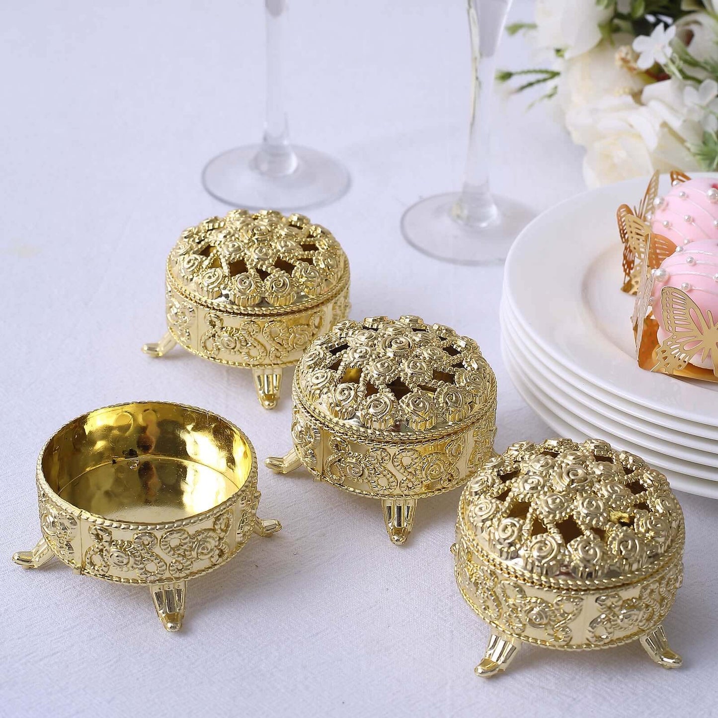 12-Pack Plastic Fillable Mini Candy Container in Vintage Ornate Round Box Style Metallic Gold - Candy Treat Favor Boxes 2.5"