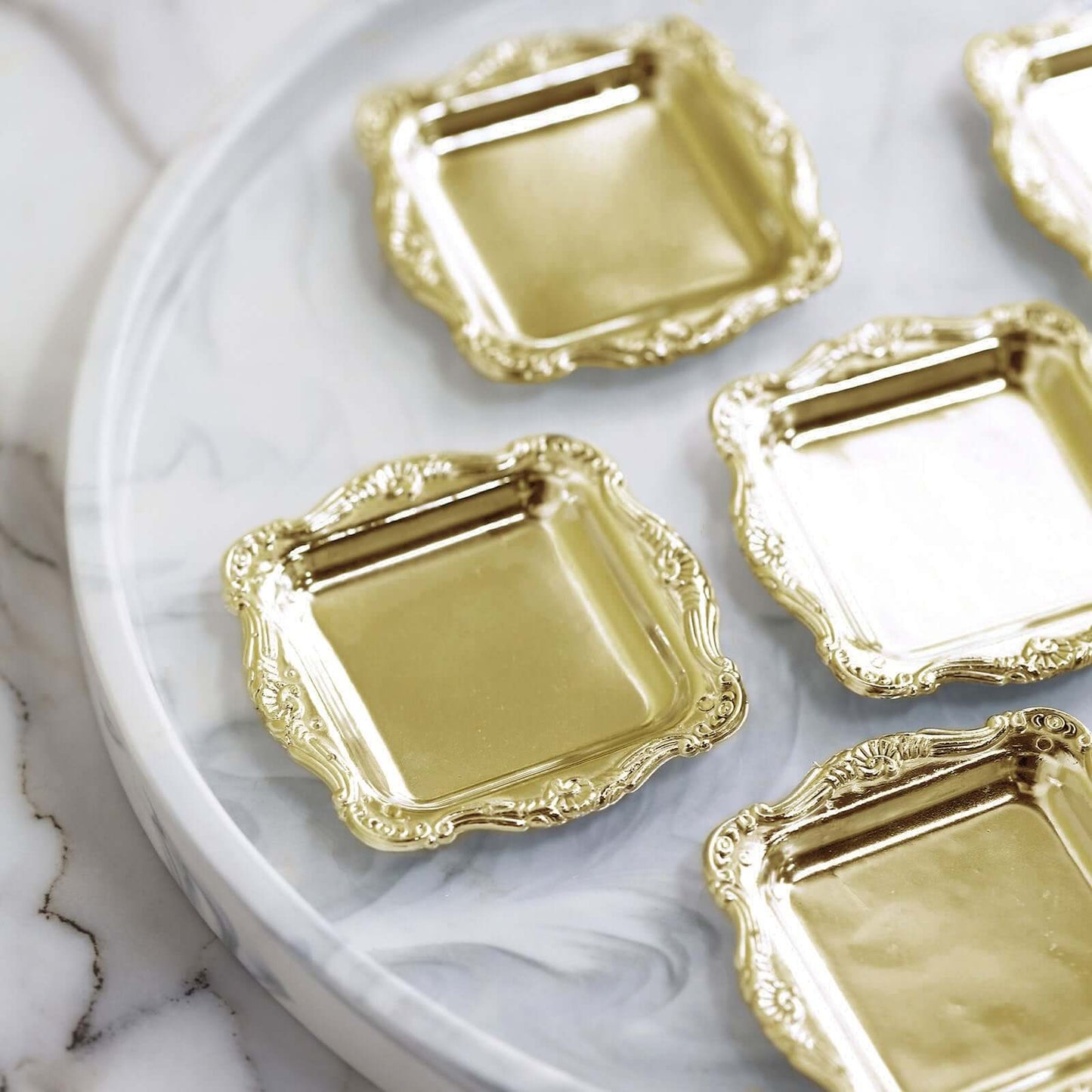 12 Pack 3" Gold Baroque Mini Square Sweet Treats Serving Platter, Party Favor Candy Display Tray