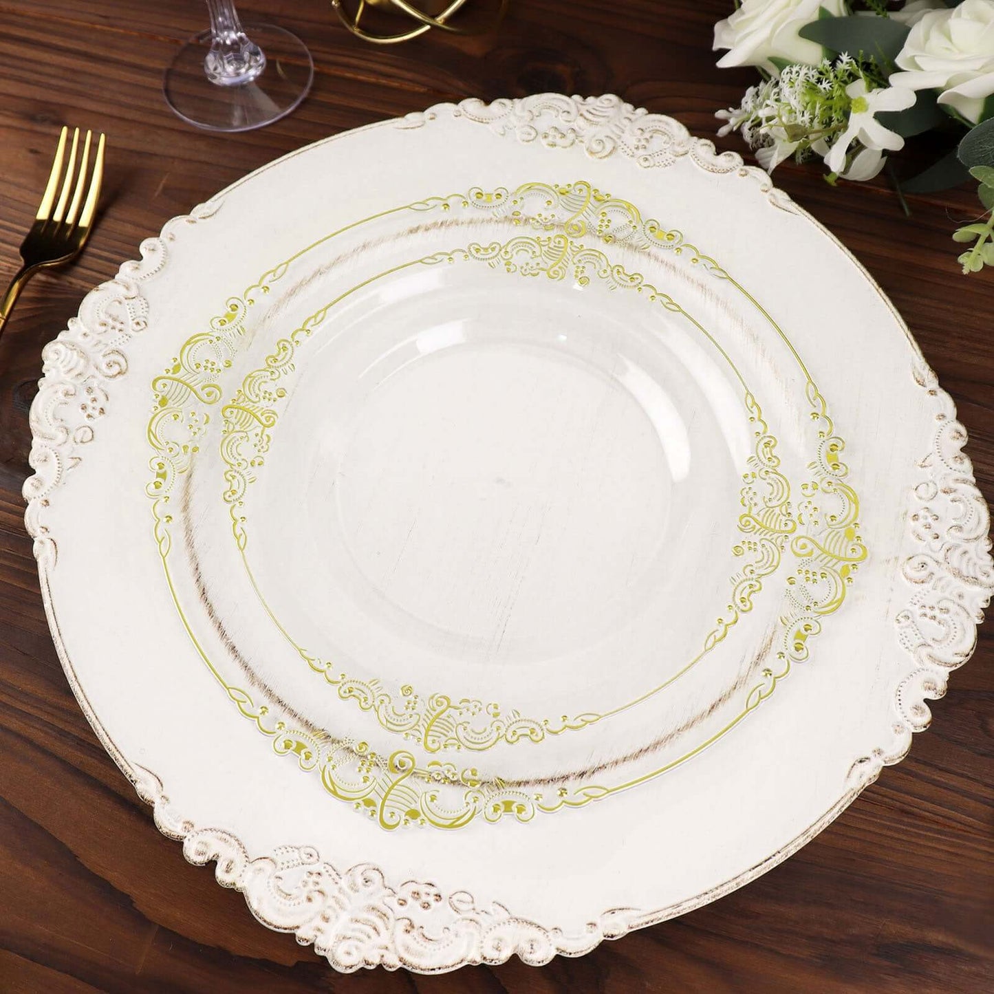 10-Pack Plastic 8" Round Dessert Plates in Clear with Gold Leaf Embossed Rim - Disposable Vintage Baroque Style Salad Plates