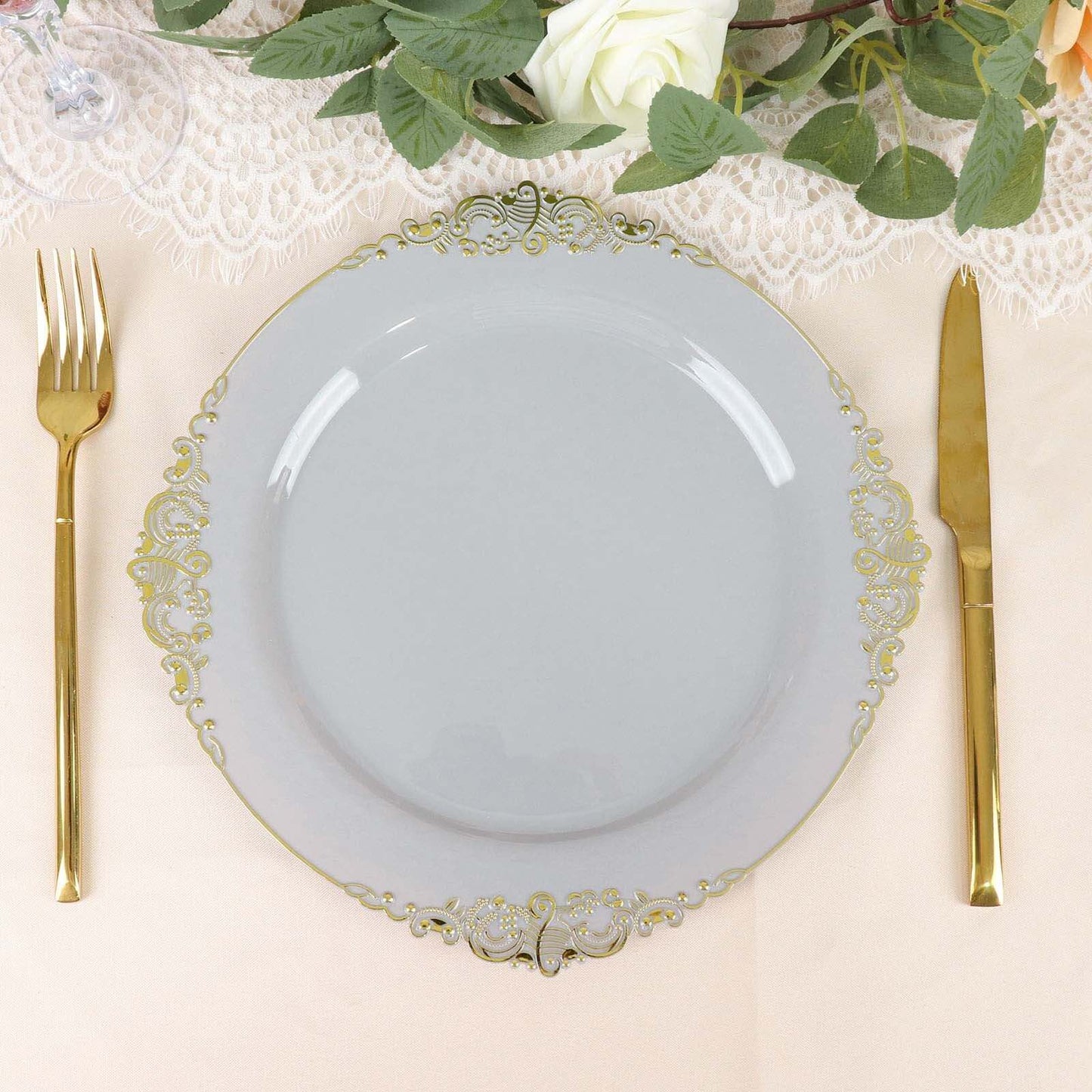 10-Pack Plastic 10" Round Dinner Plates in Gray with Gold Leaf Embossed Rim - Disposable Vintage Baroque Style Plates