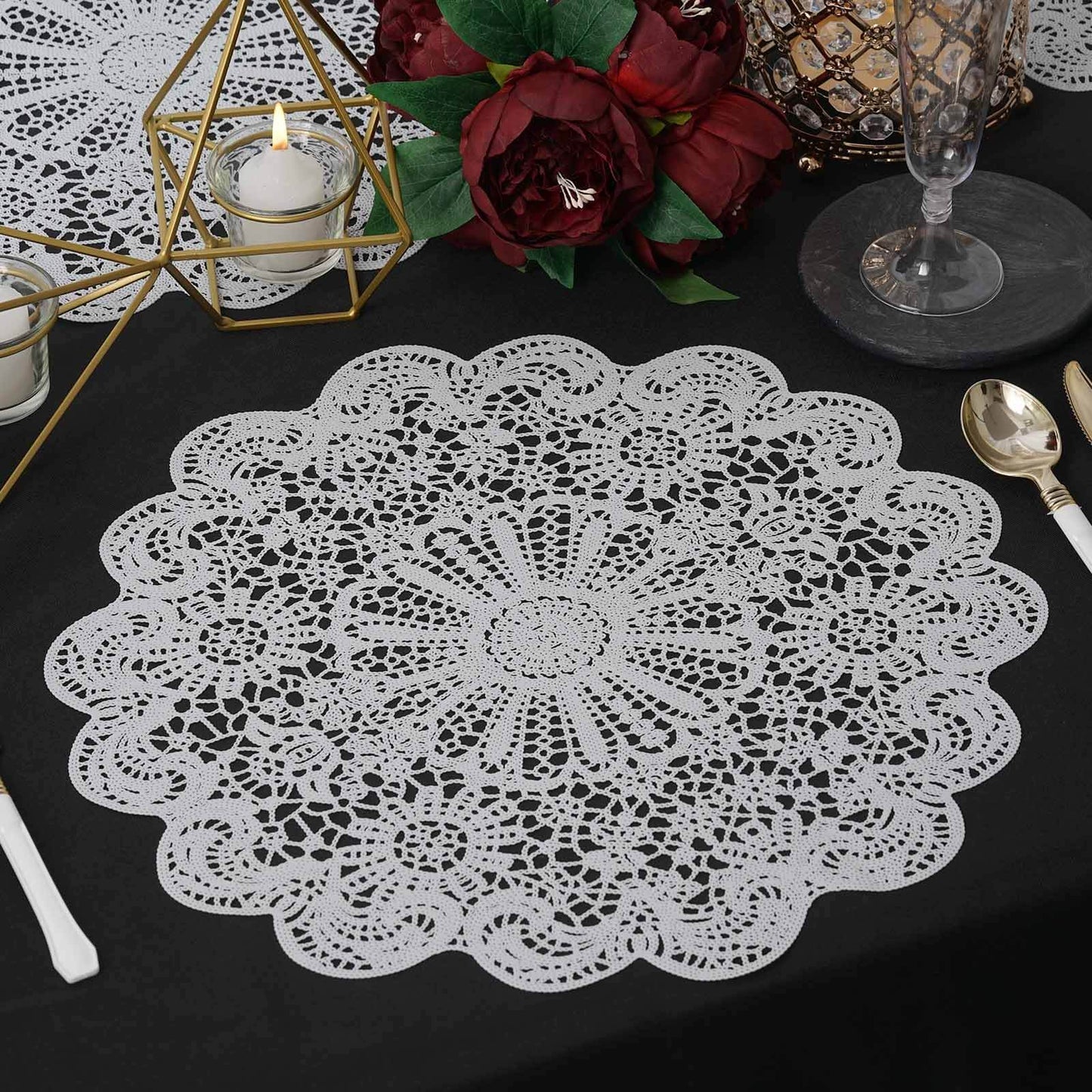 6-Pack Dining Table Mats Floral Lace Design White - Vinyl Non-Slip Surface with Vintage Appeal 15"