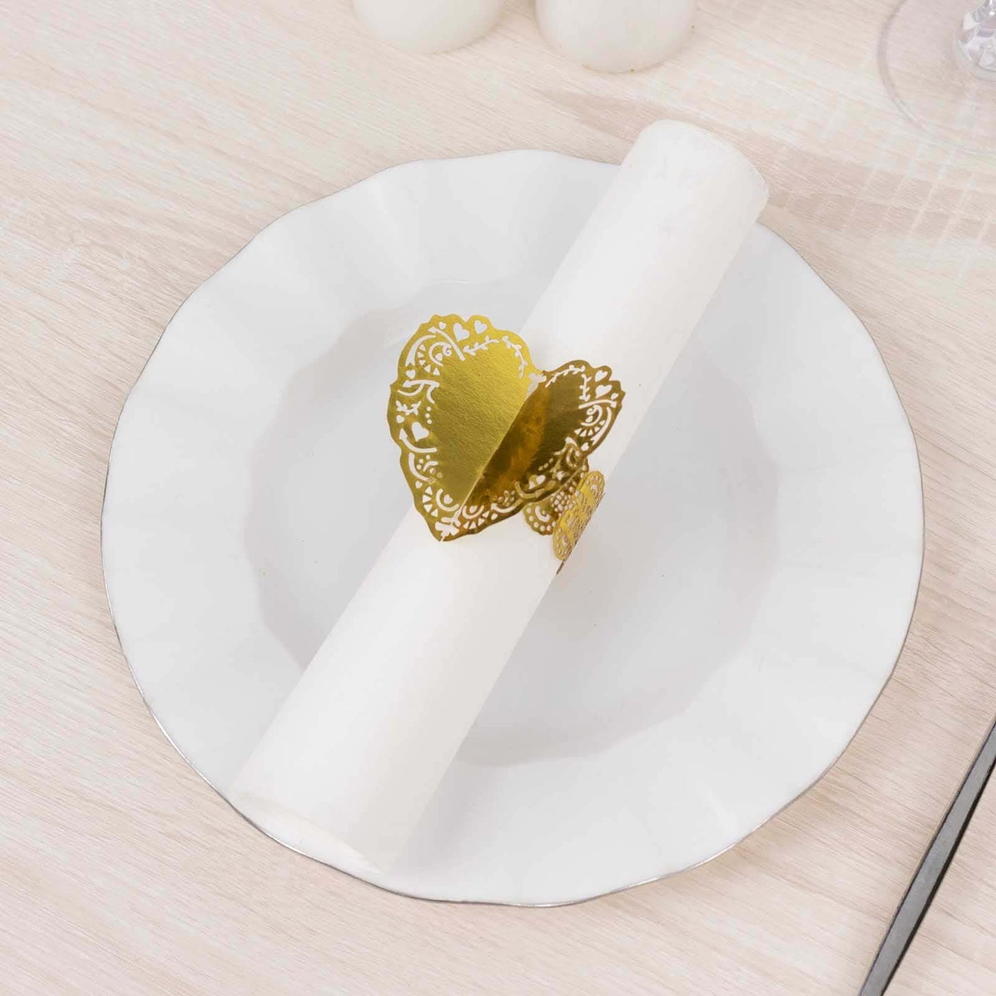 12 Pack Metallic Gold Foil Laser Cut Heart Paper Napkin Holders with Lace Pattern, Disposable Napkin Rings Bands
