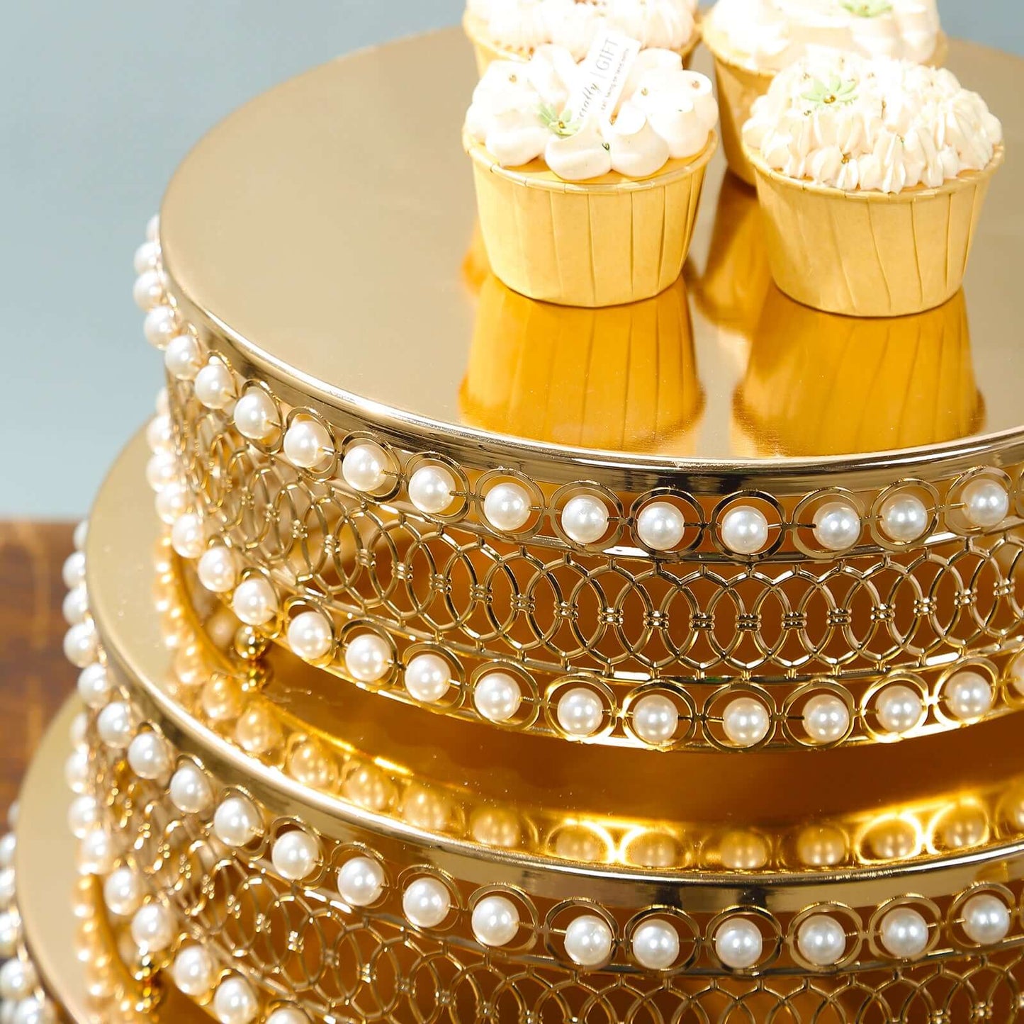 Set of 3 Cake Stands Round Design with Mirror Top Gold - Pearl Beaded Stackable Cupcake Holders Metal 12", 14", 16"