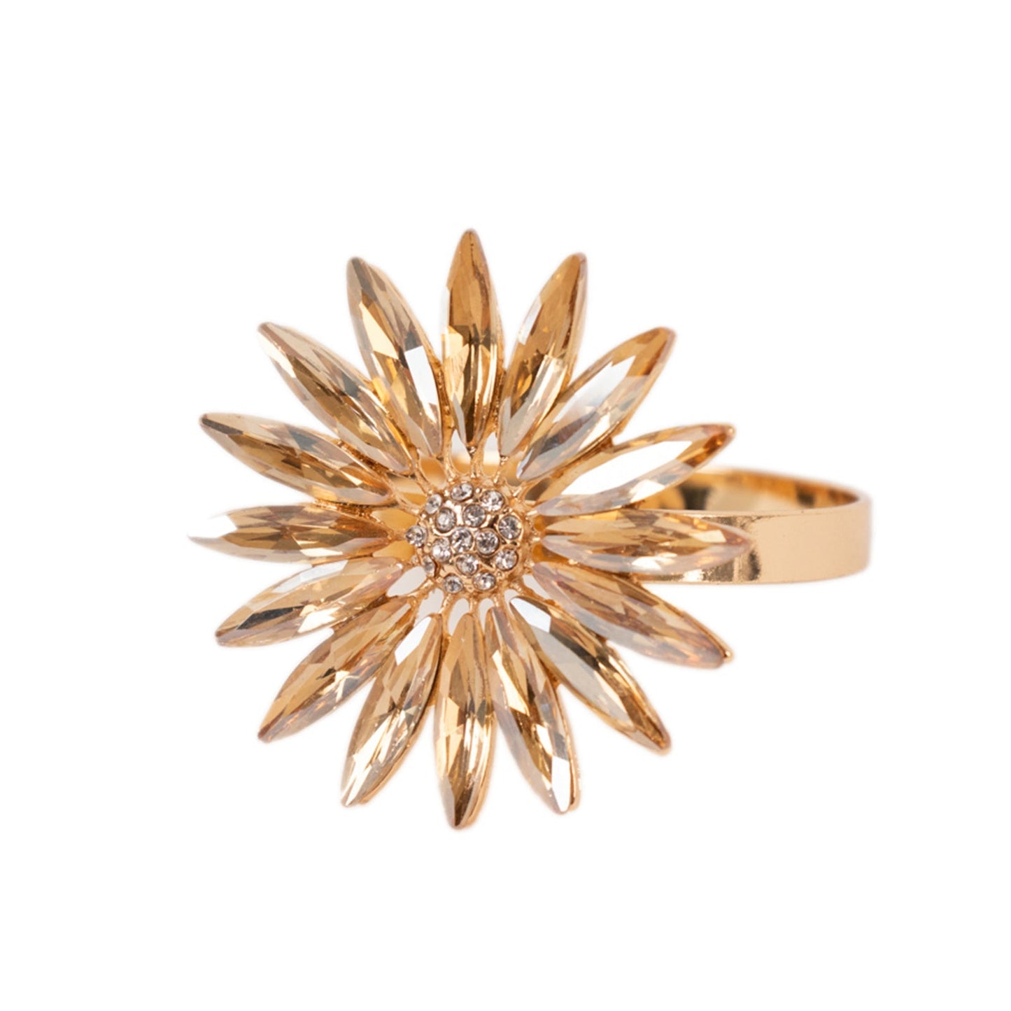 4 Pack Amber Gold Daisy Floral Metal Napkin Holders with Rhinestone Accents, Decorative Napkin Rings - 2"