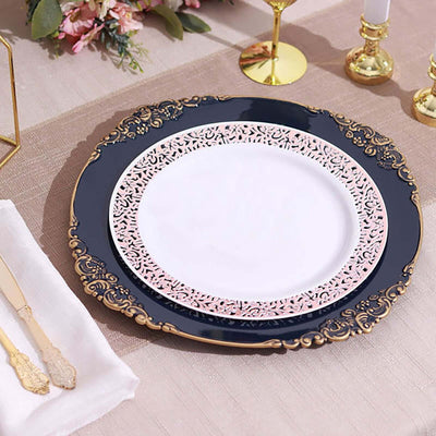 6-Pack Acrylic Round Charger Plates 13" in Navy Blue with Gold Embossed Baroque Rim, Antique Decorative Dinner Party Charger Tableware