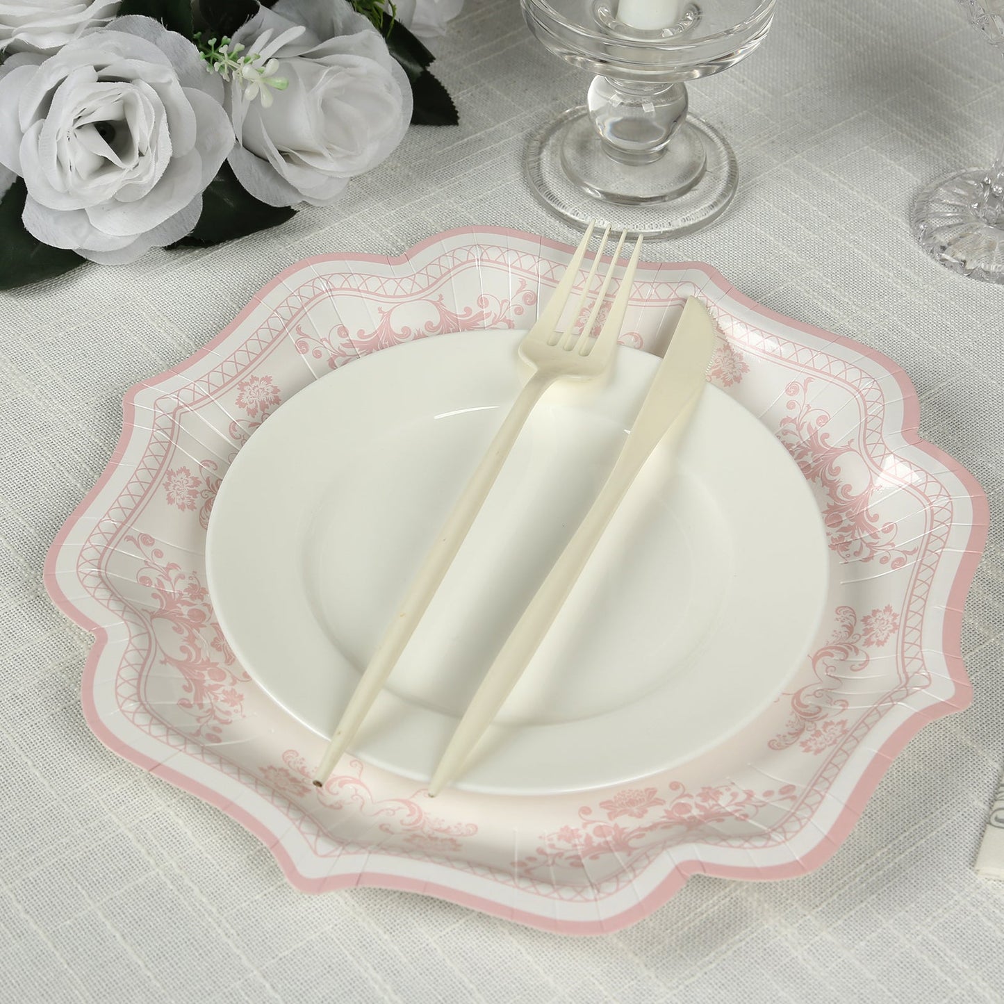 25-Pack Paper Dinner Plates in White Pink Damask Floral Pattern & Scallop Rim - Stylish Disposable 300GSM Floral Party Plates 10"