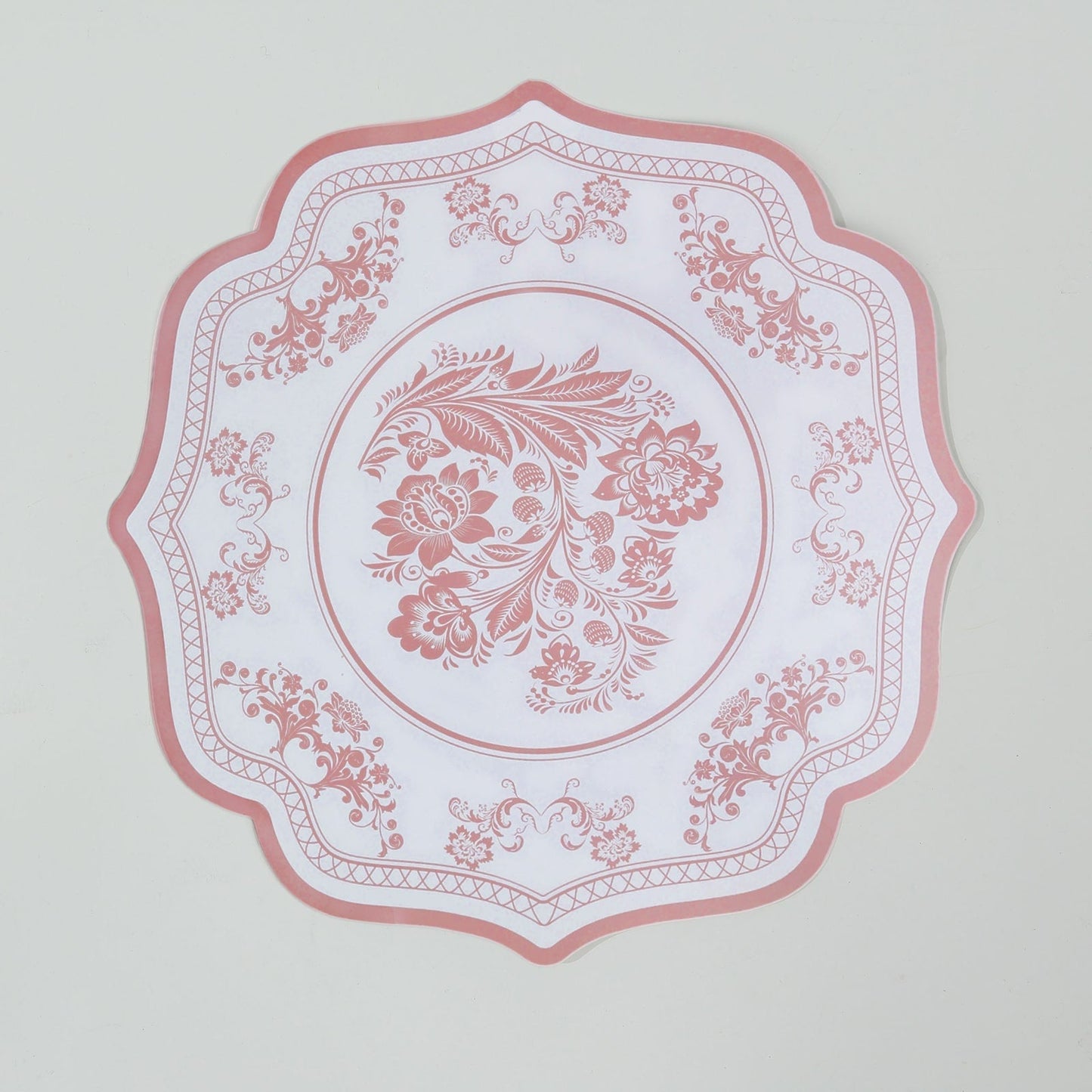 10-Pack Disposable Table Placemats 13" Round Placemats in White with Pink Damask Floral Pattern & Scalloped Rim - 400GSM Cardboard Placemats for Stylish Table Setting