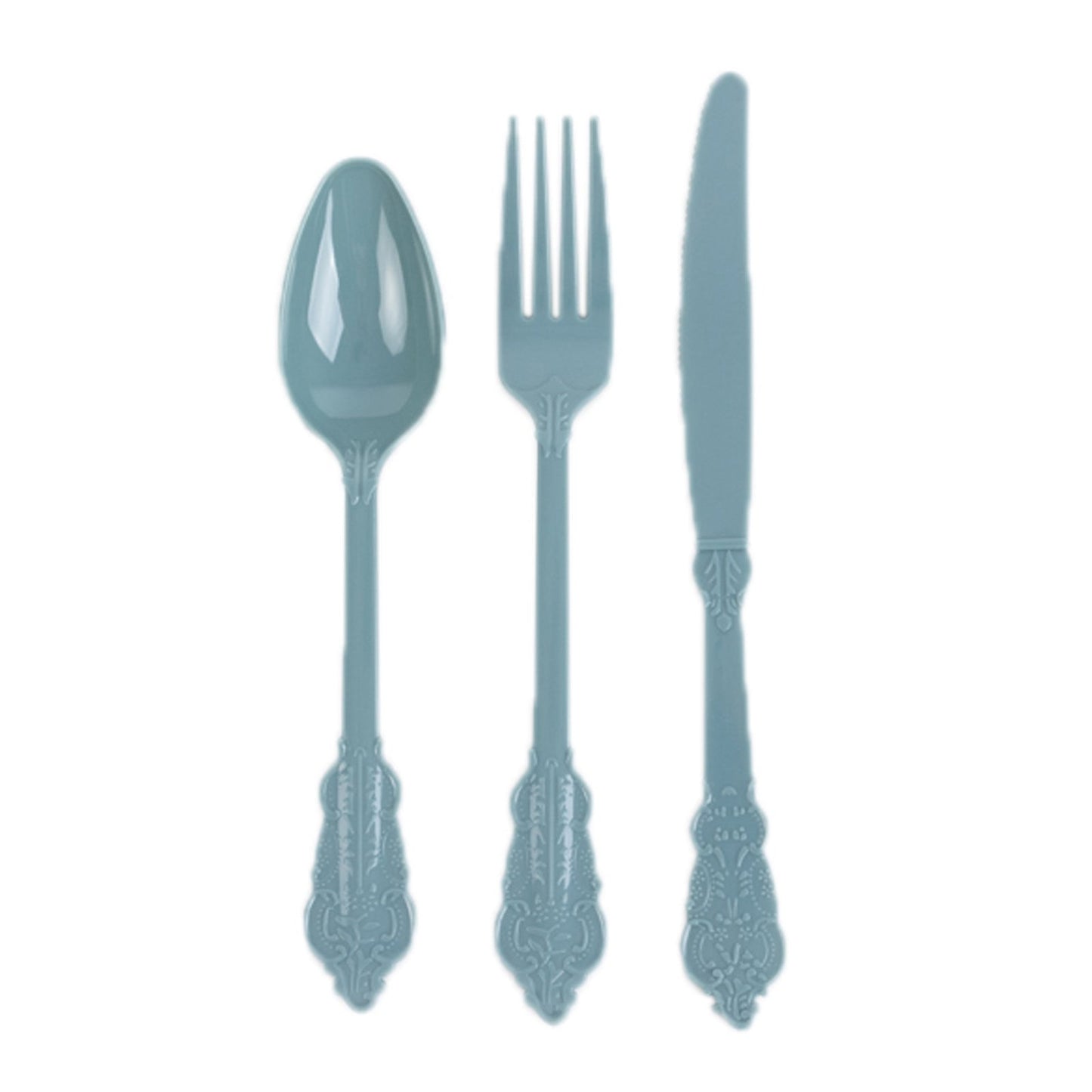 72 Pcs Plastic Silverware Set in Baroque Style Dusty Blue - Heavy Duty Disposable Knife, Fork, and Spoon Set