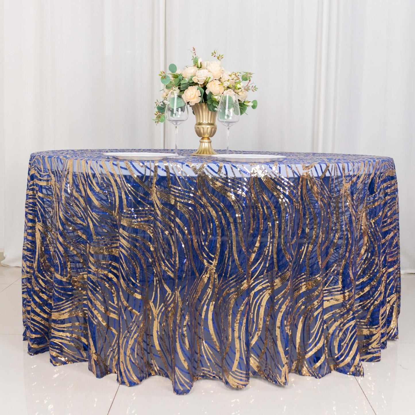 Sequin Mesh 120" Round Tablecloth Royal Blue/Gold - Seamless Wave Embroidered Table Cover