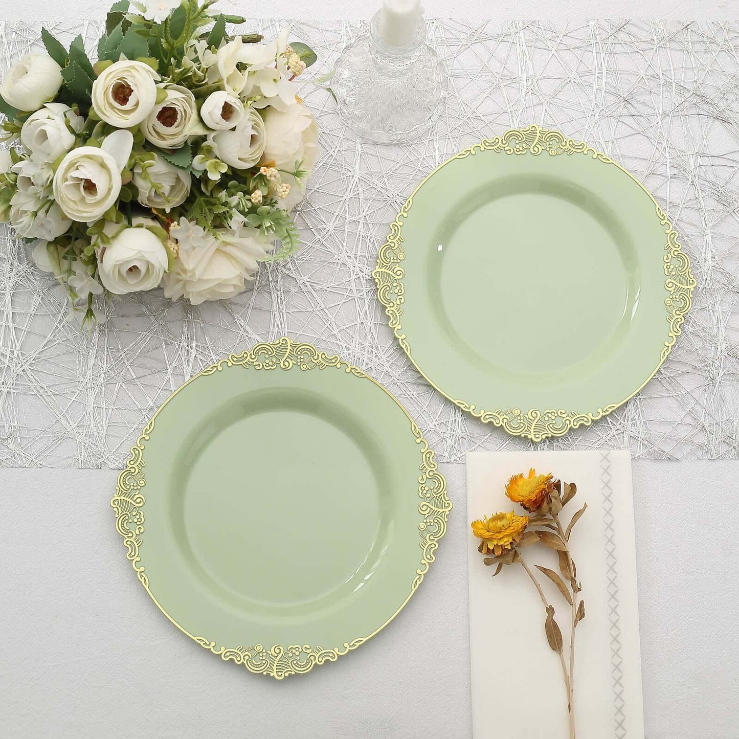 10-Pack Plastic 8" Round Dessert Plates in Sage Green with Gold Leaf Embossed Rim - Disposable Vintage Baroque Style Salad Plates