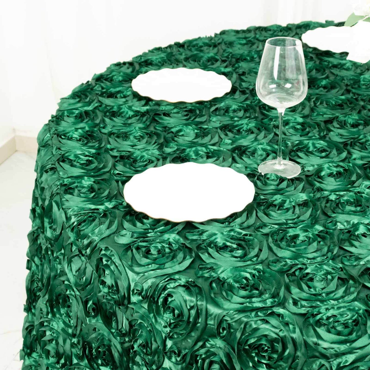 Satin 120" Round Tablecloth Hunter Emerald Green - Grandiose 3D Rosette with Seamless Finish Table Cover