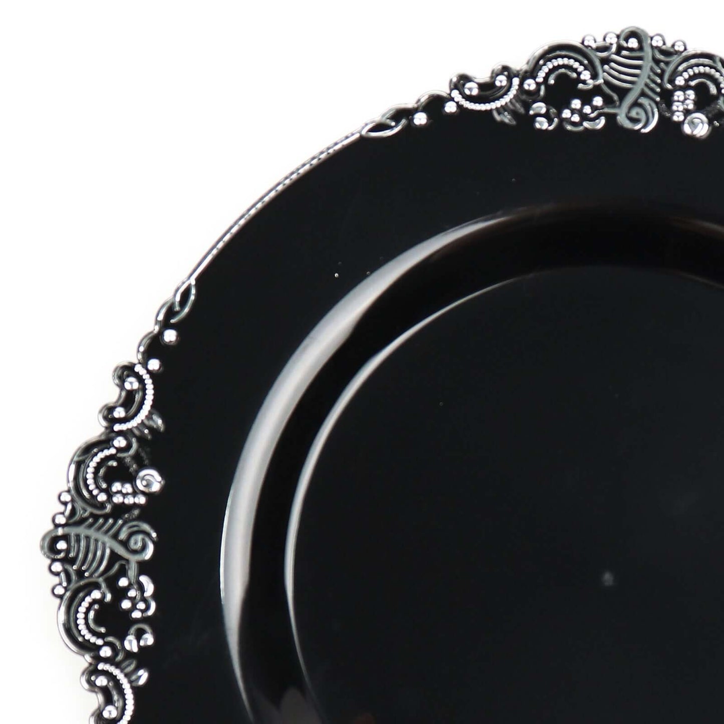10-Pack Plastic 8" Round Dessert Plates in Black with Silver Leaf Embossed Rim - Disposable Vintage Baroque Style Salad Plates