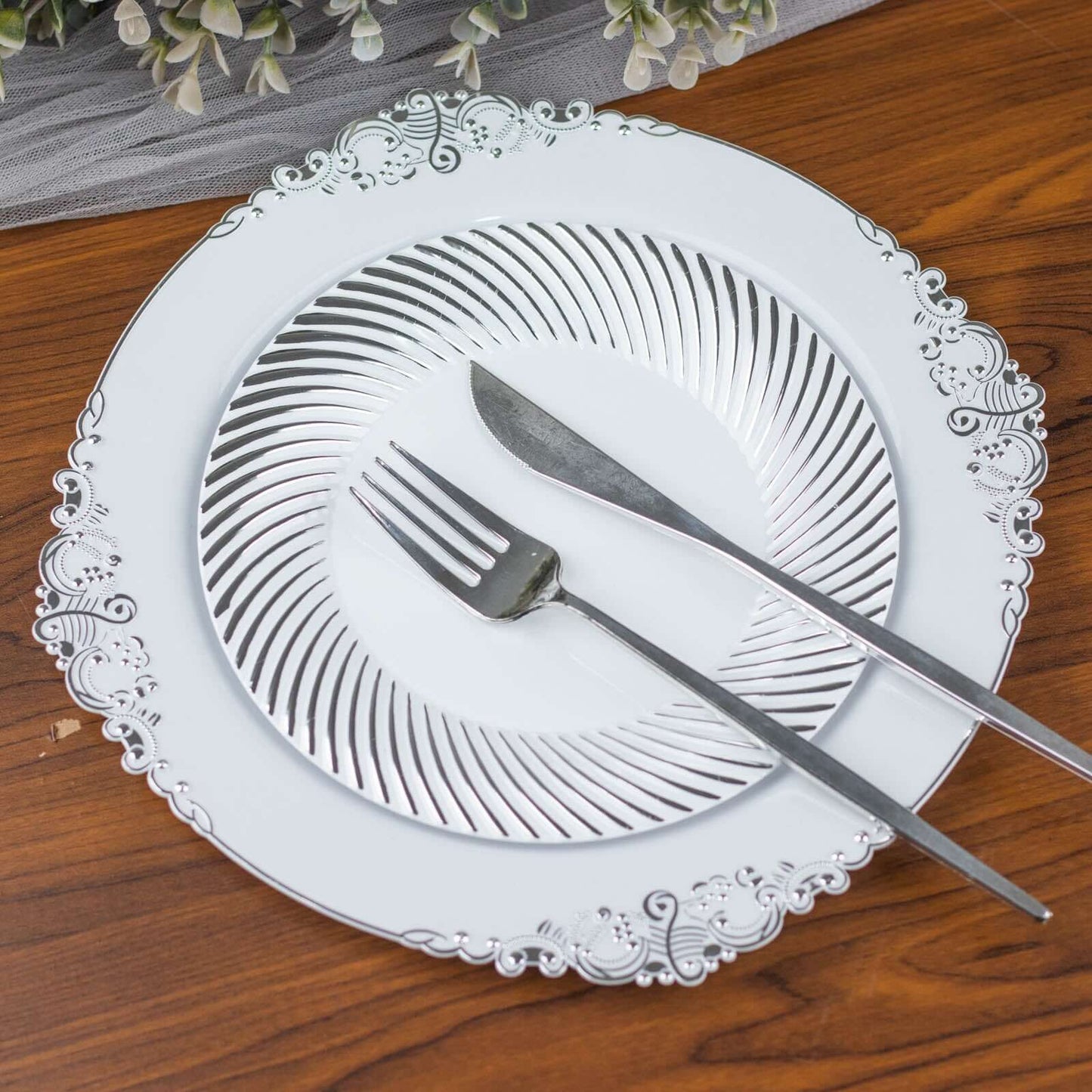 10-Pack Plastic 7" Round Dessert Plates in White with Silver Swirl Rim - Disposable Salad Plates