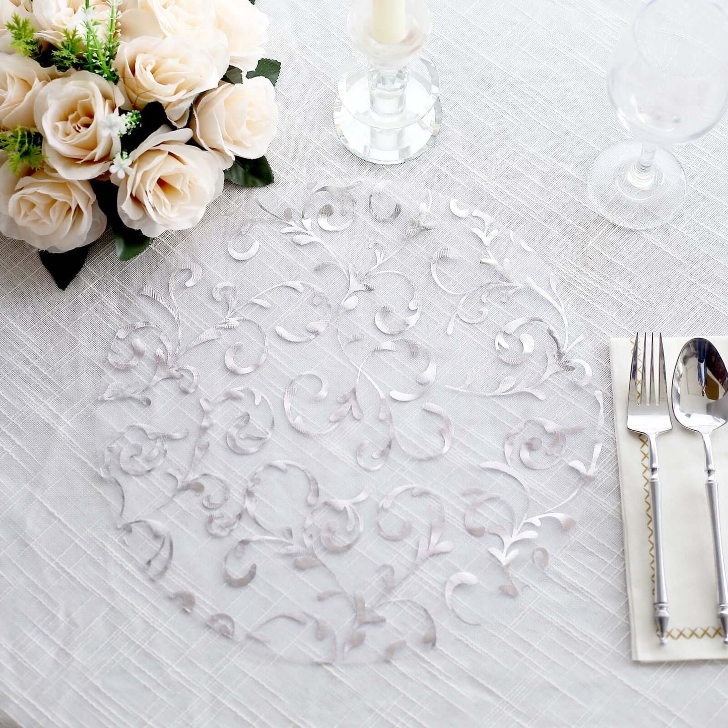 10-Pack Table Placemats Embossed Foil Flower Design Metallic Silver Round - Sheer Organza Disposable Mats 13"
