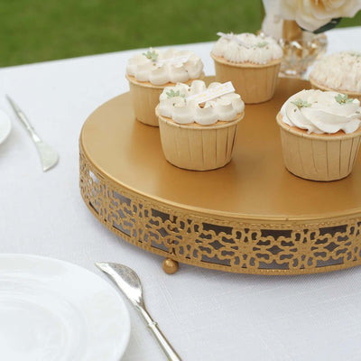 Metal Pedestal Cake Stand Fleur De Lis Round Design Gold - Cupcake Dessert Display Table Centerpiece 12"