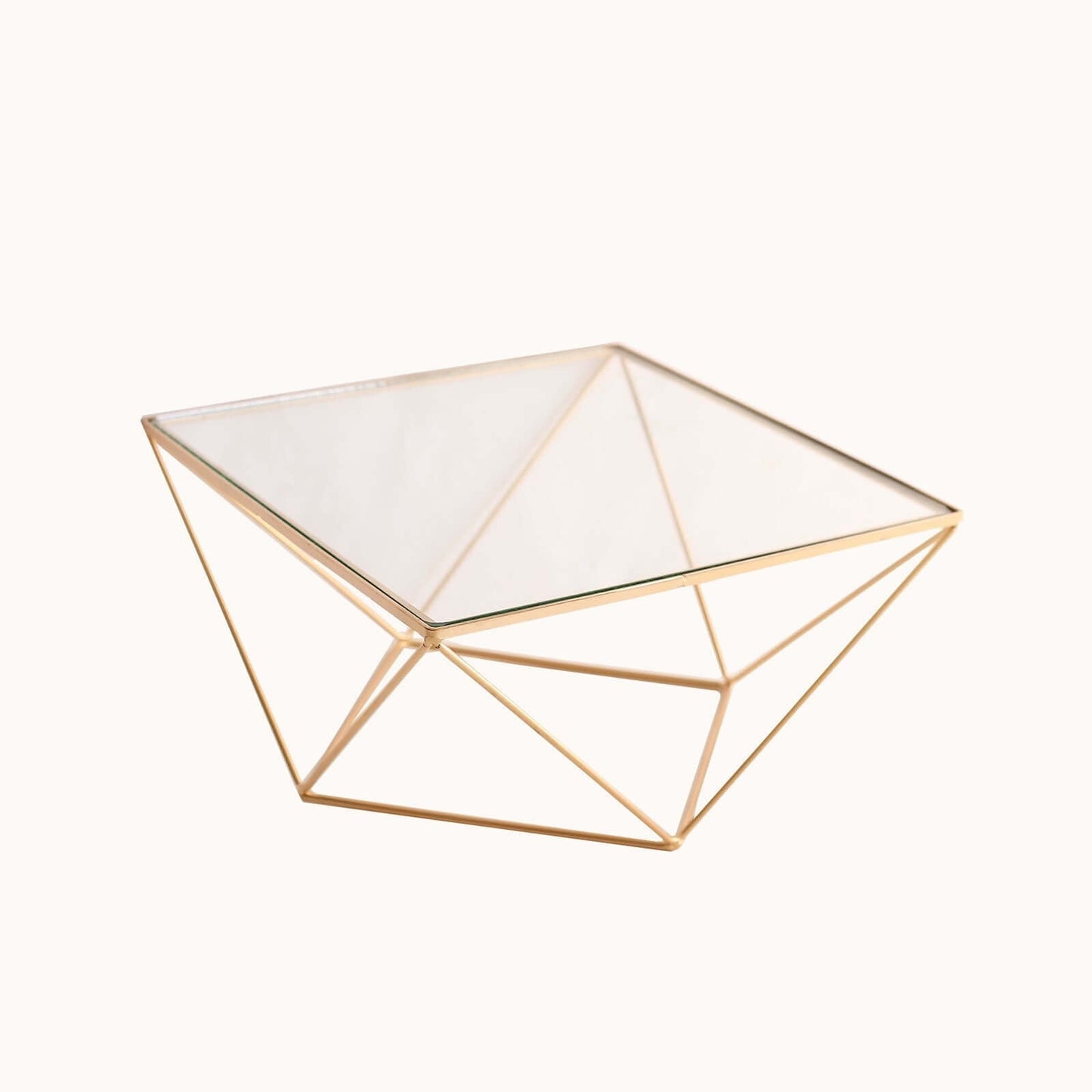 Metal Cake Stand Geometric Pedestal Riser Design Gold with Square Glass Top - Display Centerpiece 12"
