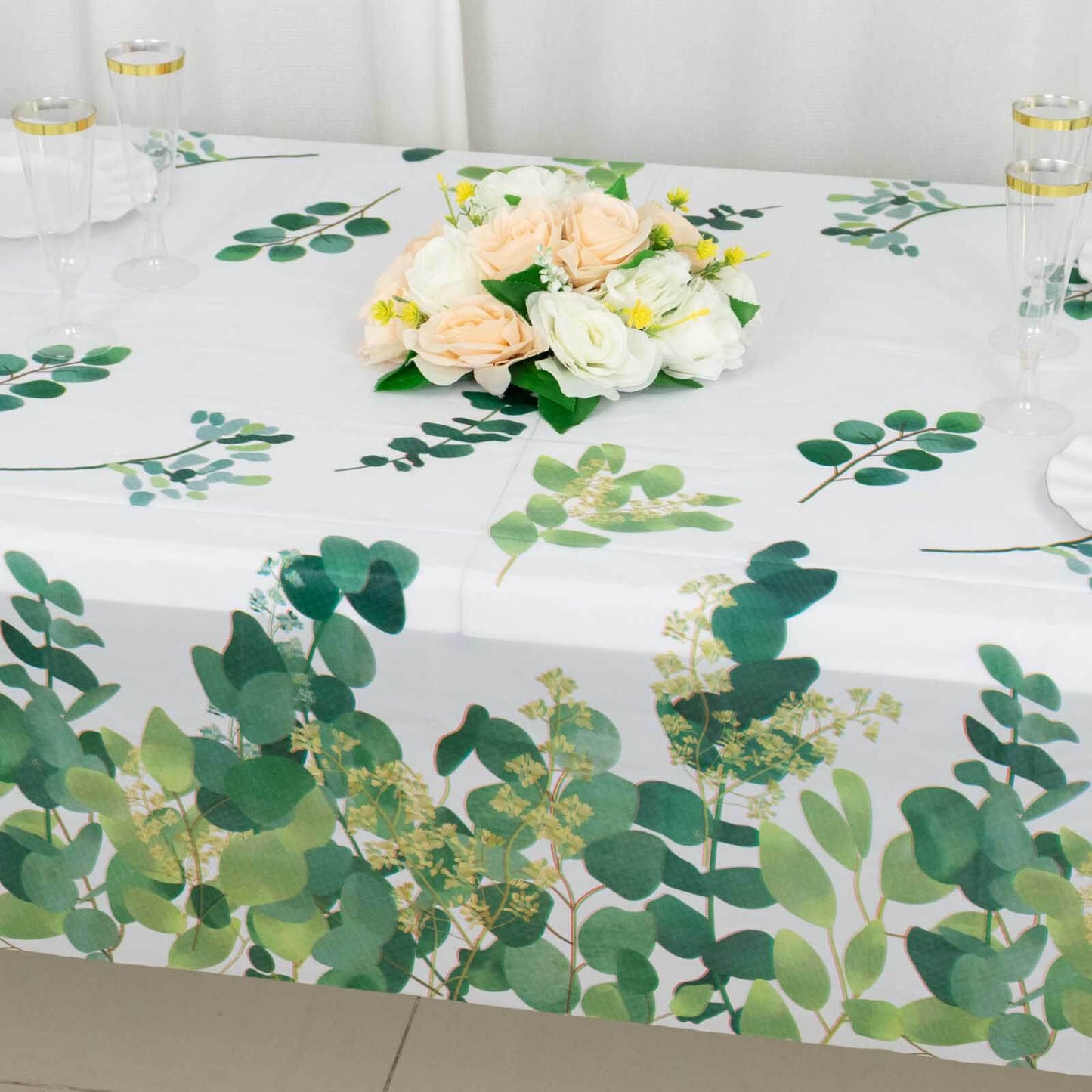 5-Pack Plastic Table Covers White/Green Rectangle with Eucalyptus Leaves Print - Decorative PVC Disposable Tablecloths 54"x108"