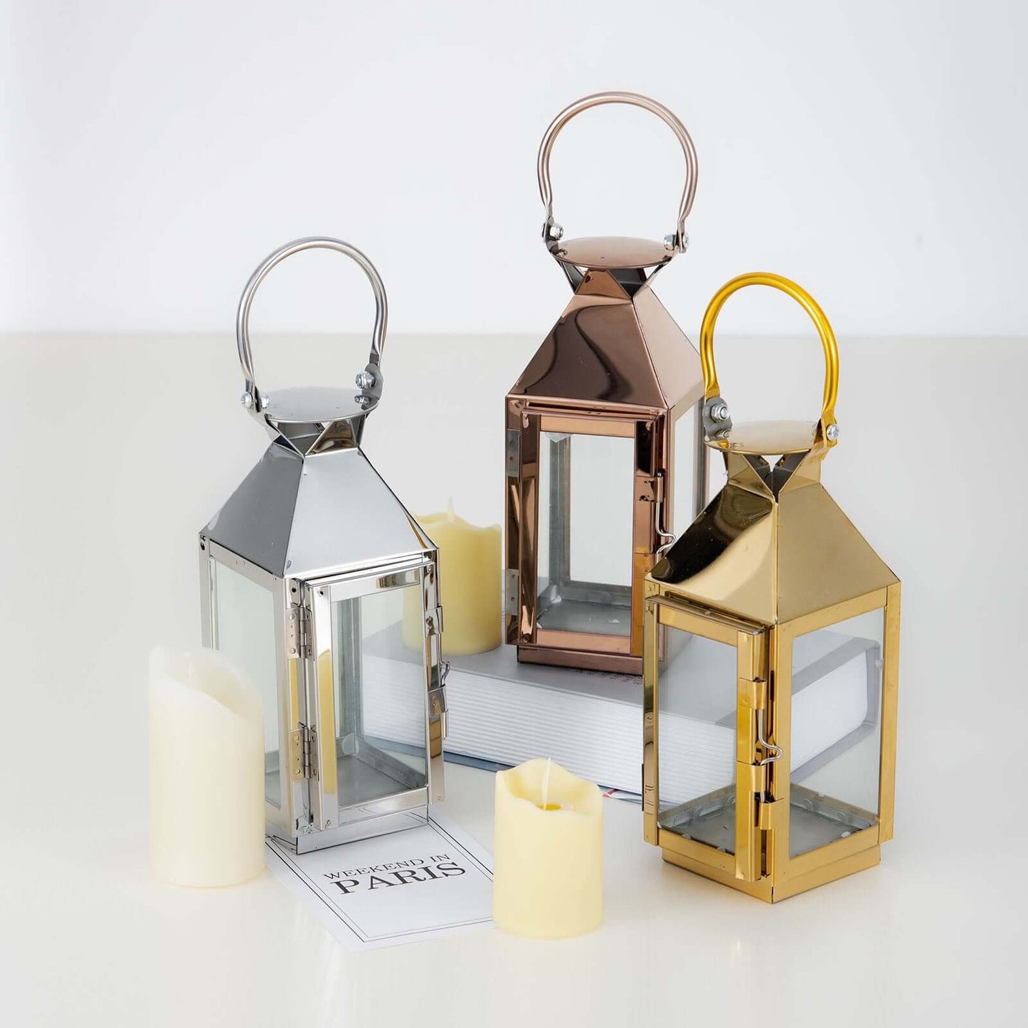 Stainless Steel Candle Lantern Crown Top Design Gold - Outdoor Metal Patio Lantern Centerpiece 8"